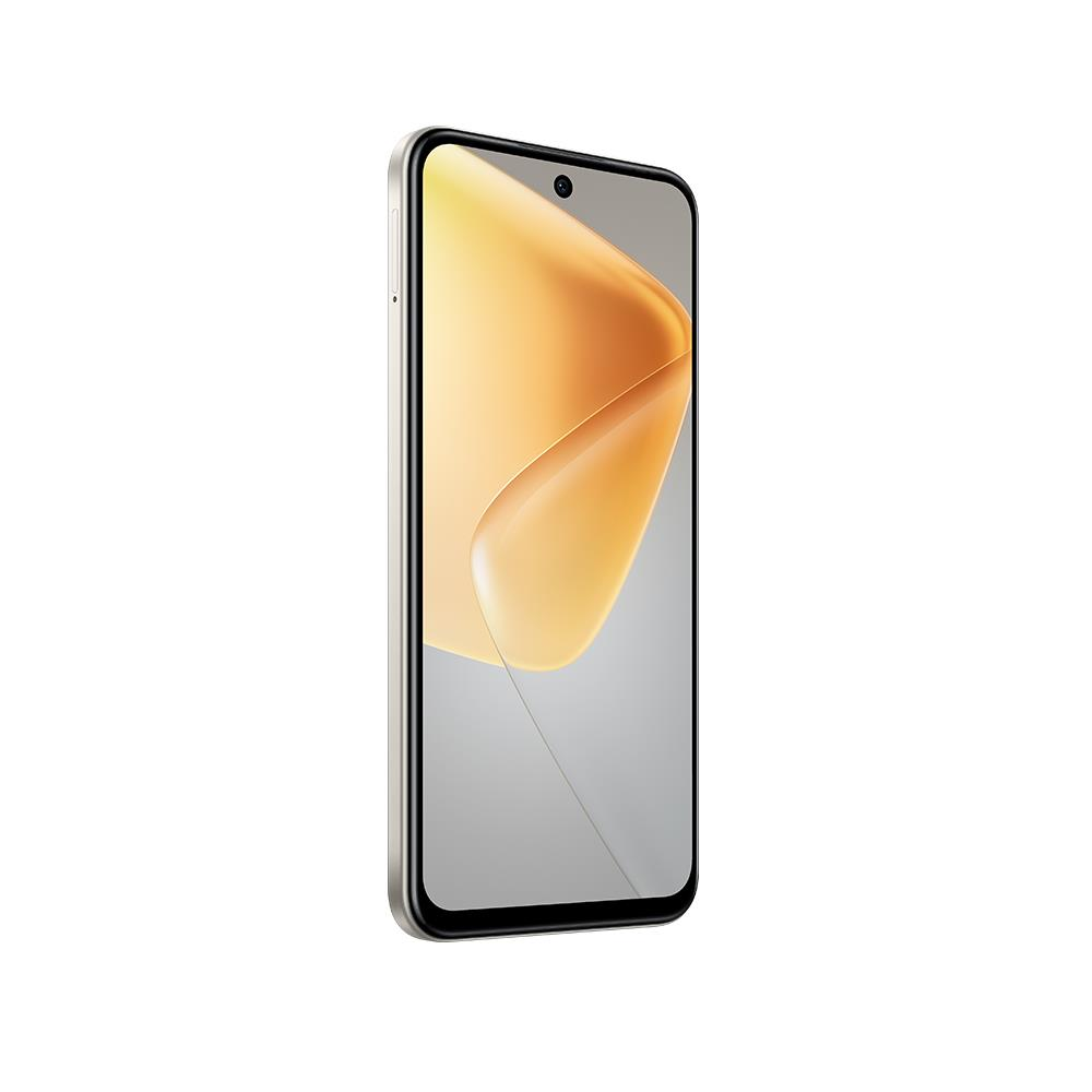 Altın çerçeveli, siyah ekran kenarlı ve soyut tasarımlı açık renkli bir ekrana sahip bir akıllı telefon.