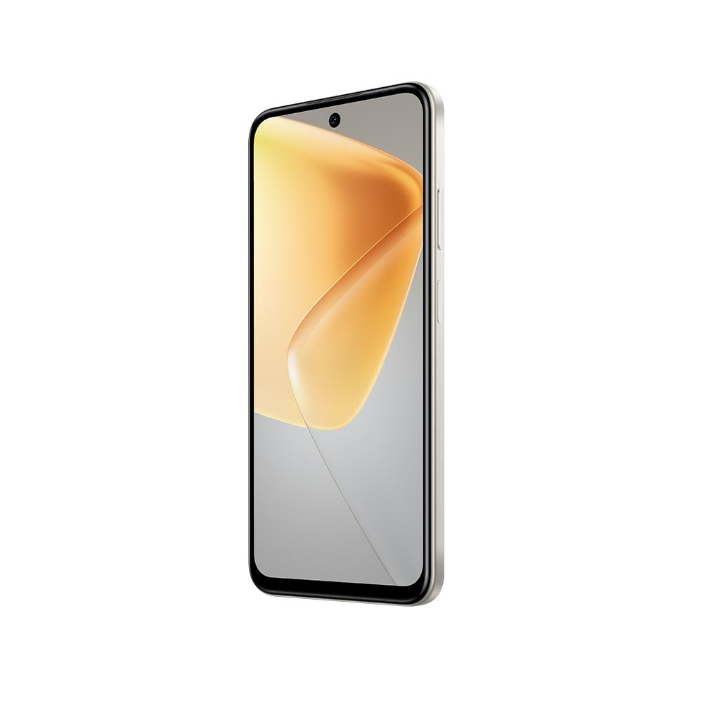Açık renkli bir akıllı telefon, üç çeyrek görünümde sunuluyor. Ekran, sarıdan griye bir geçiş gösteriyor.