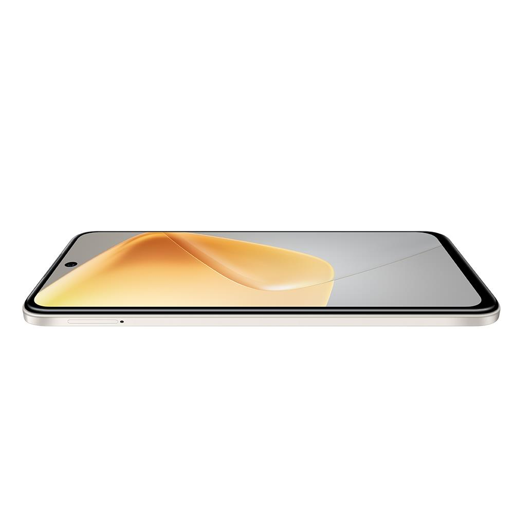 Yan görünümde bir akıllı telefon, altın rengi geçişli ekranı ve siyah çerçevesiyle. Telefon beyaz bir arka planda.