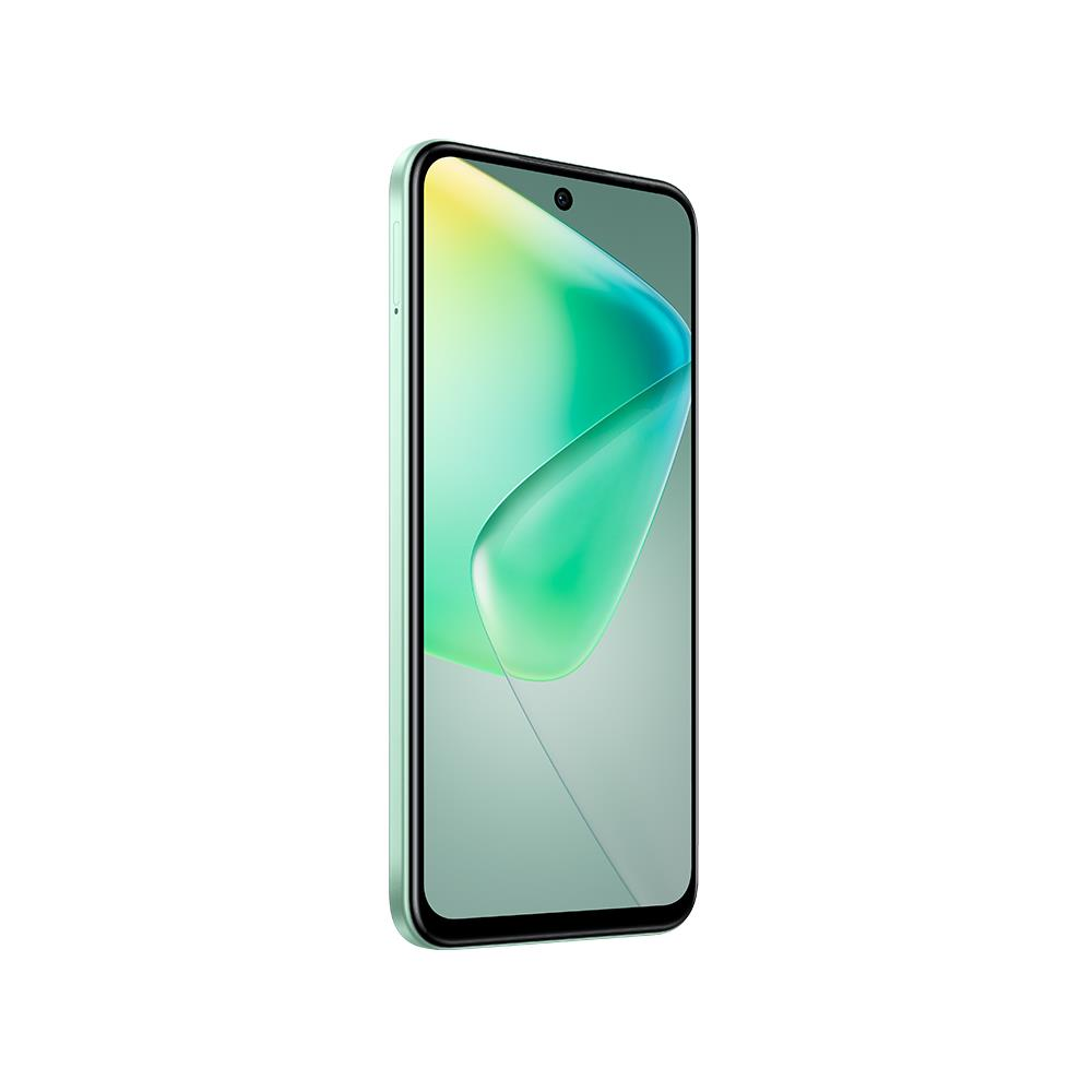 Nane yeşili kasalı bir akıllı telefon, ekranında yeşil ve mavi tonlarda bulanık, soyut bir tasarım sergiliyor.