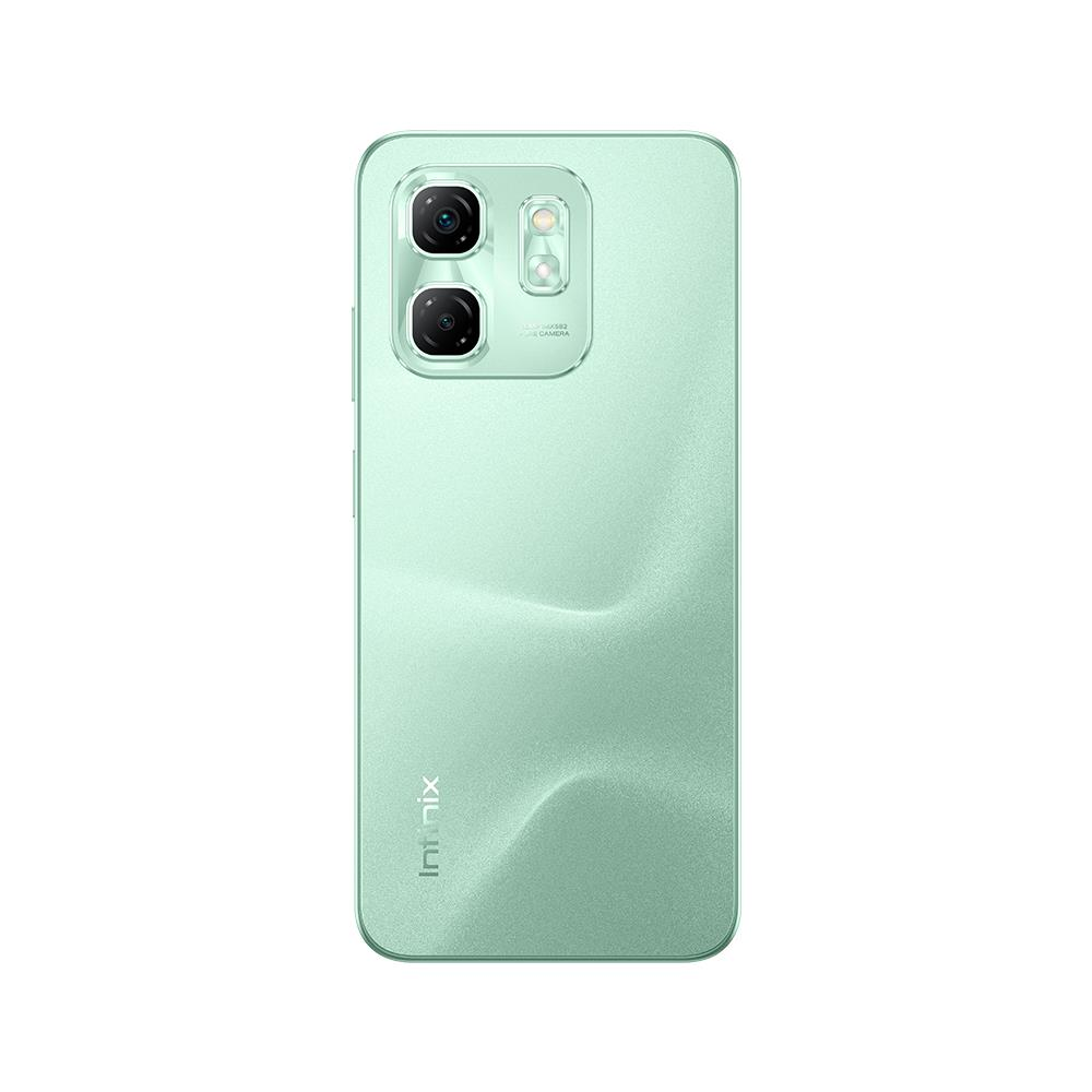 Kamera modülüne sahip açık yeşil bir akıllı telefon. Infinix logosu altta. Çift kamera kurulumu sol üstte.
