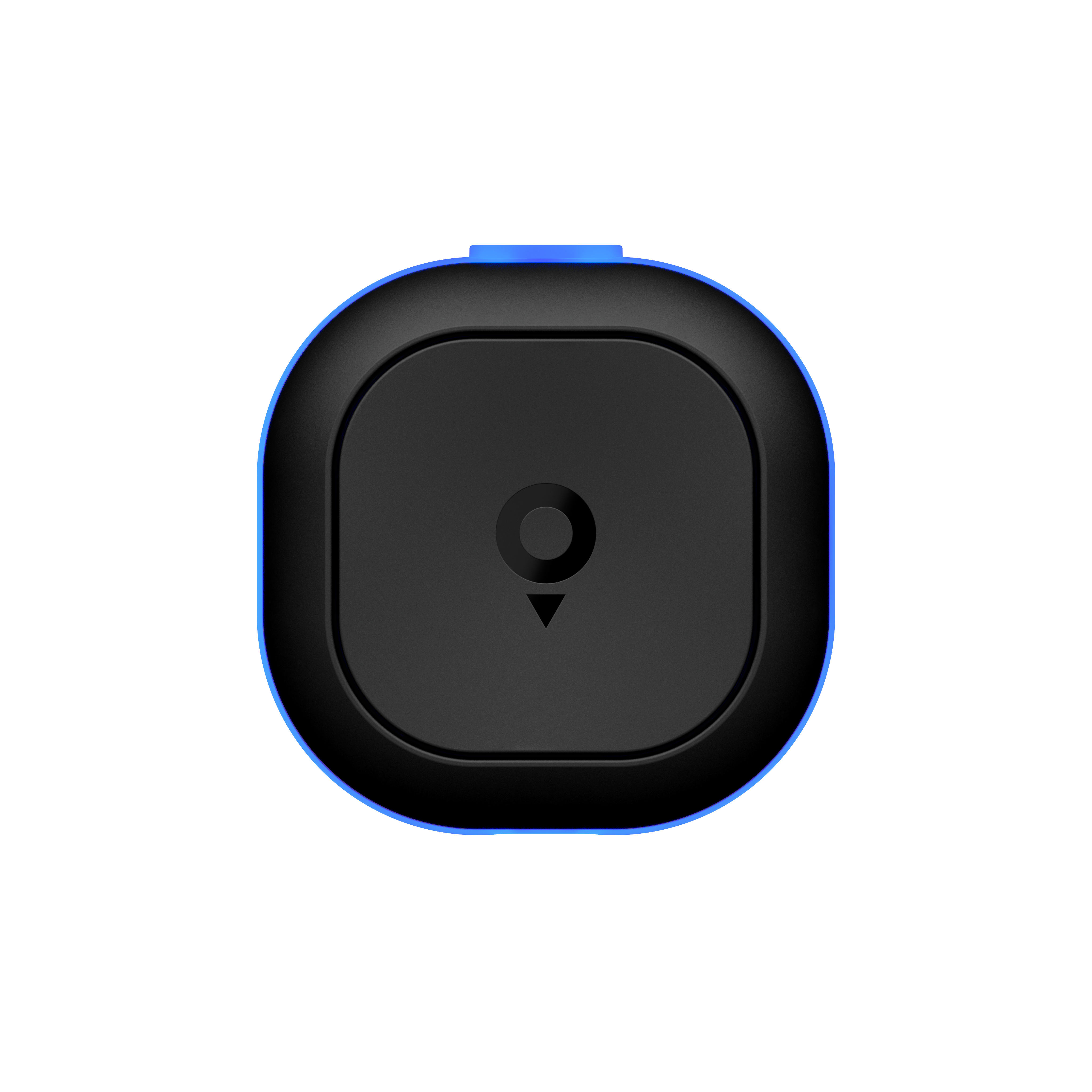 Ein schwarzes, quadratisches Gerät mit blauem Rand. Es hat eine kreisförmige Vertiefung mit einem Pfeil nach unten. Weißer Hintergrund.