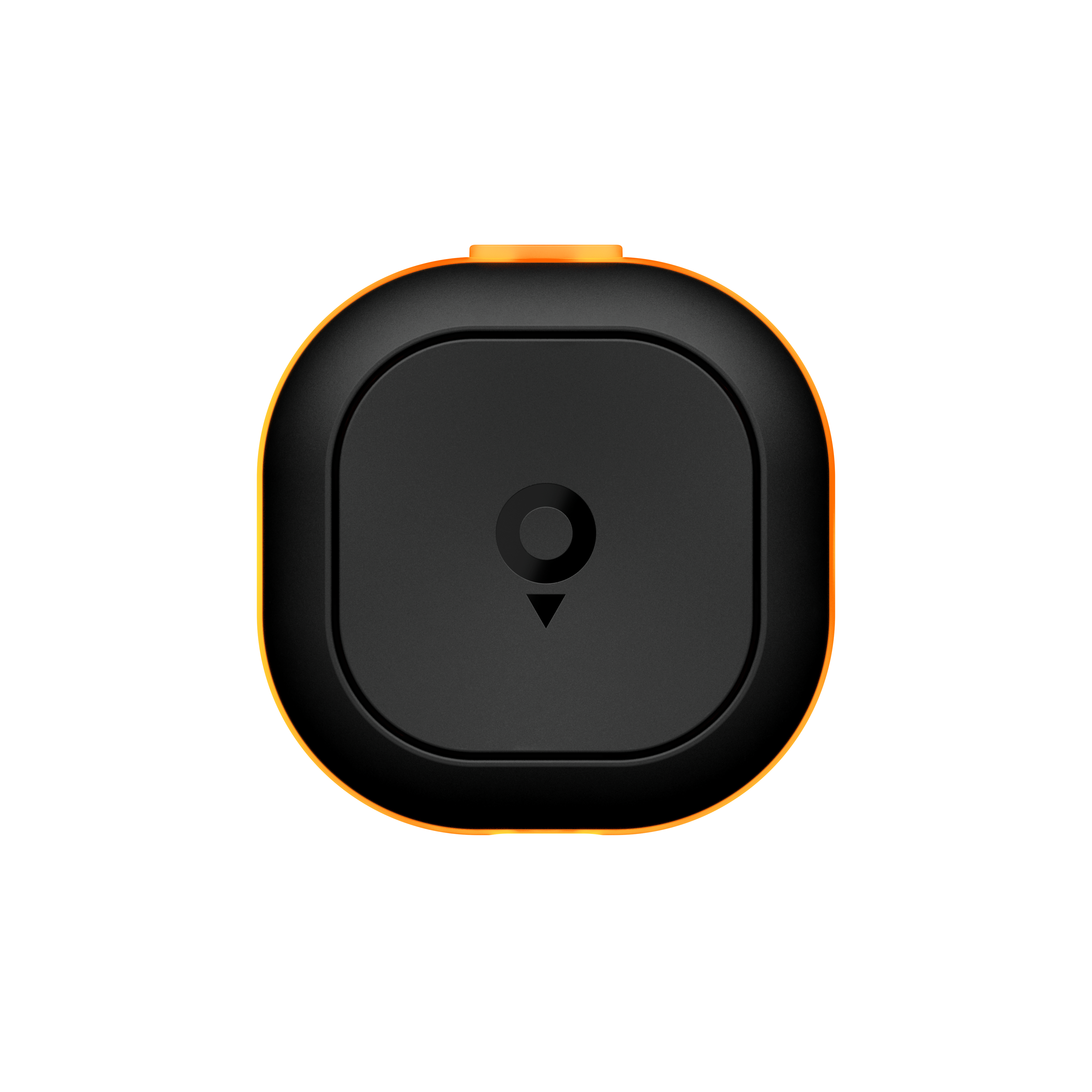 Ein schwarzes quadratisches Gerät mit einem orangefarbenen Rand. Es hat ein kreisförmiges Design mit einem Pfeil auf weißem Grund.