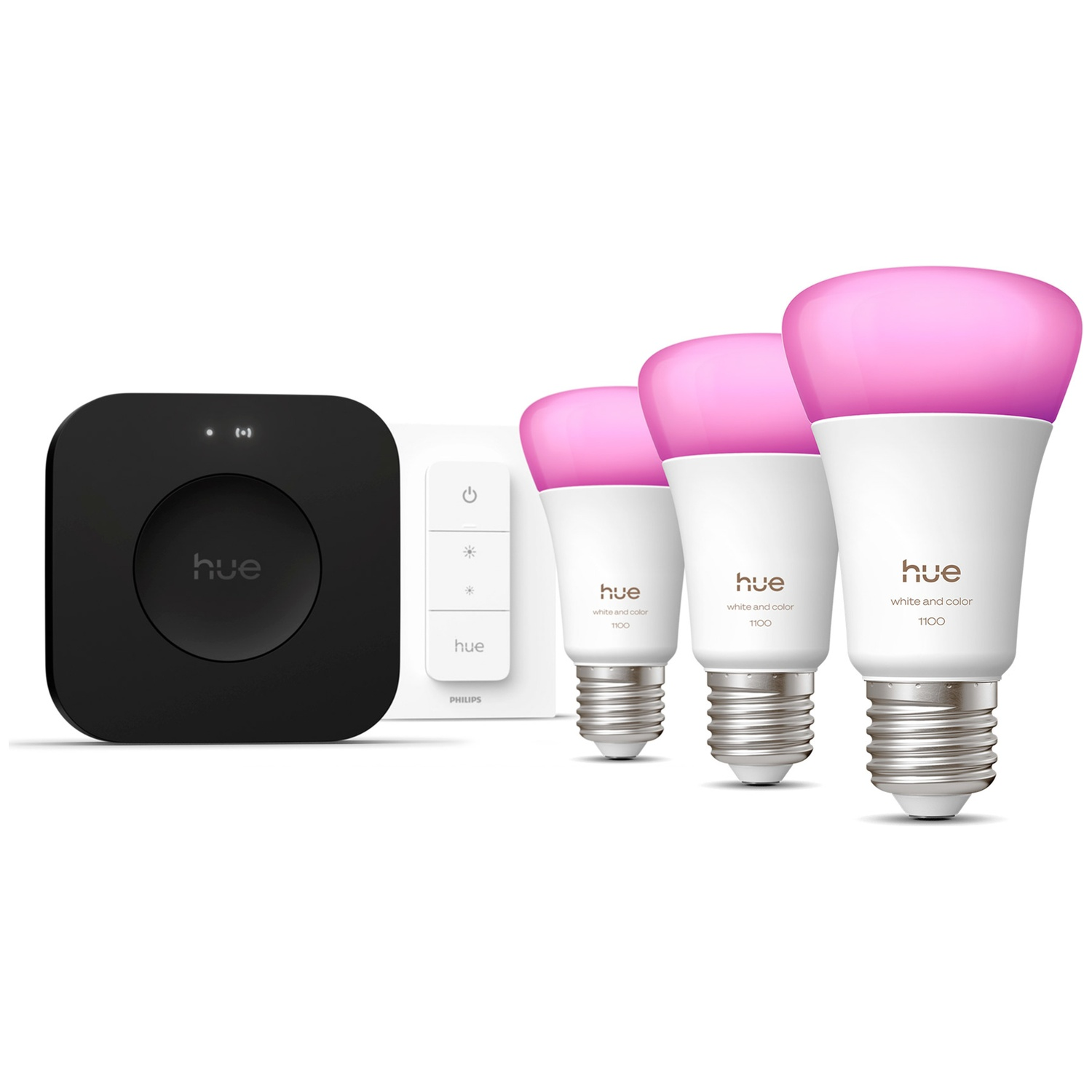 Set of Philips Hue smart lights with a black hub and a white remote. Three lightbulbs glow pink.