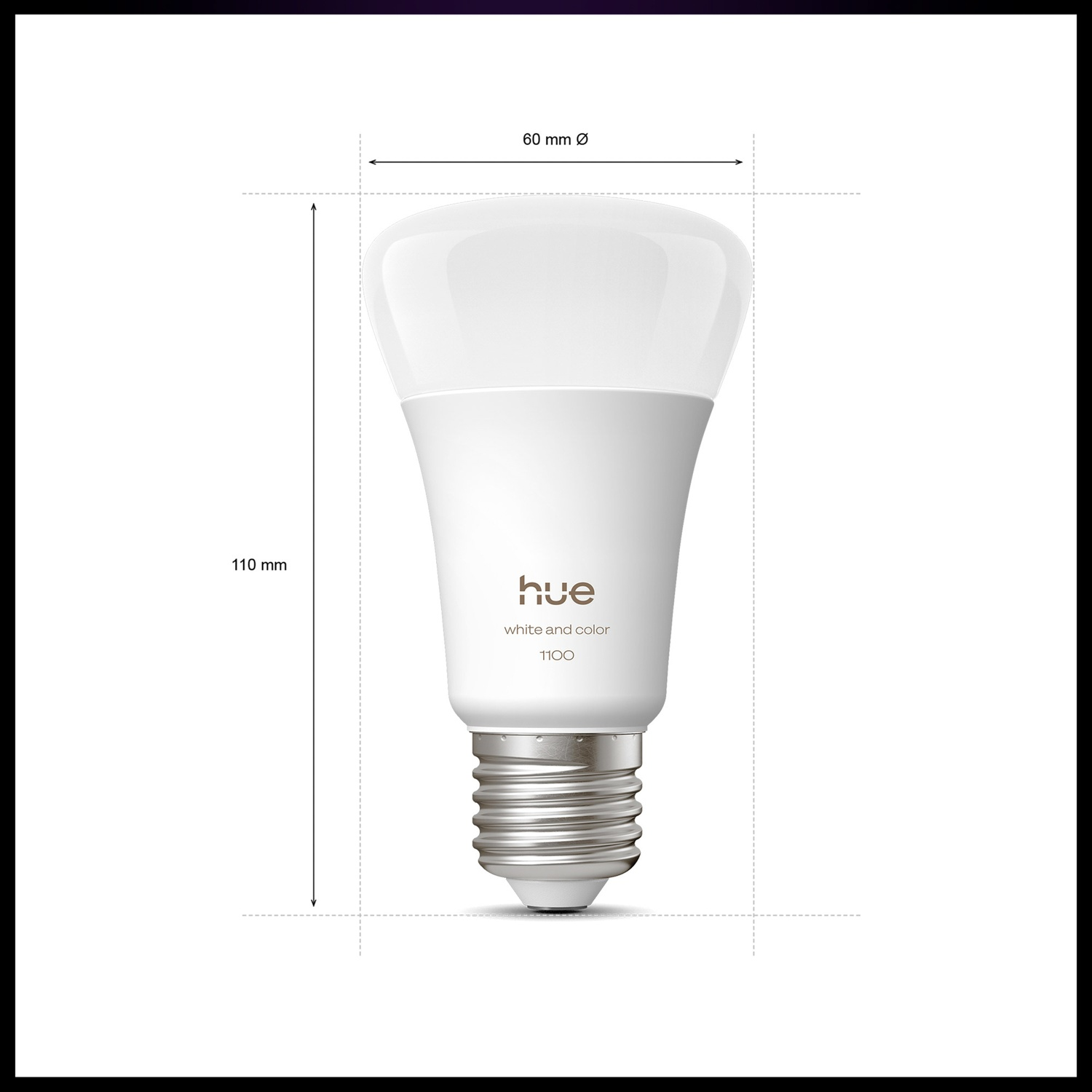 A white Philips Hue smart light bulb with dimensions labeled. The bulb is white with a silver base. Text on bulb: 'hue white and color'.