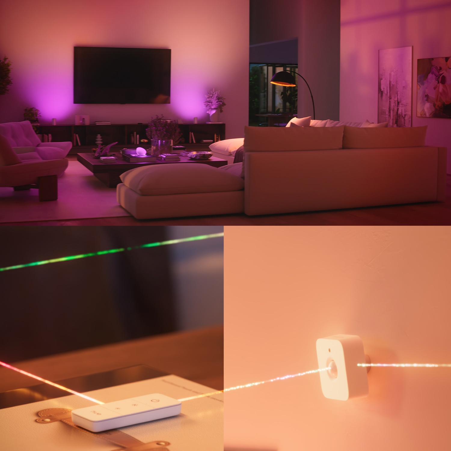 Living room with sofa, TV, and ambient lighting. Close-ups of a remote and a light sensor with colorful light beams.