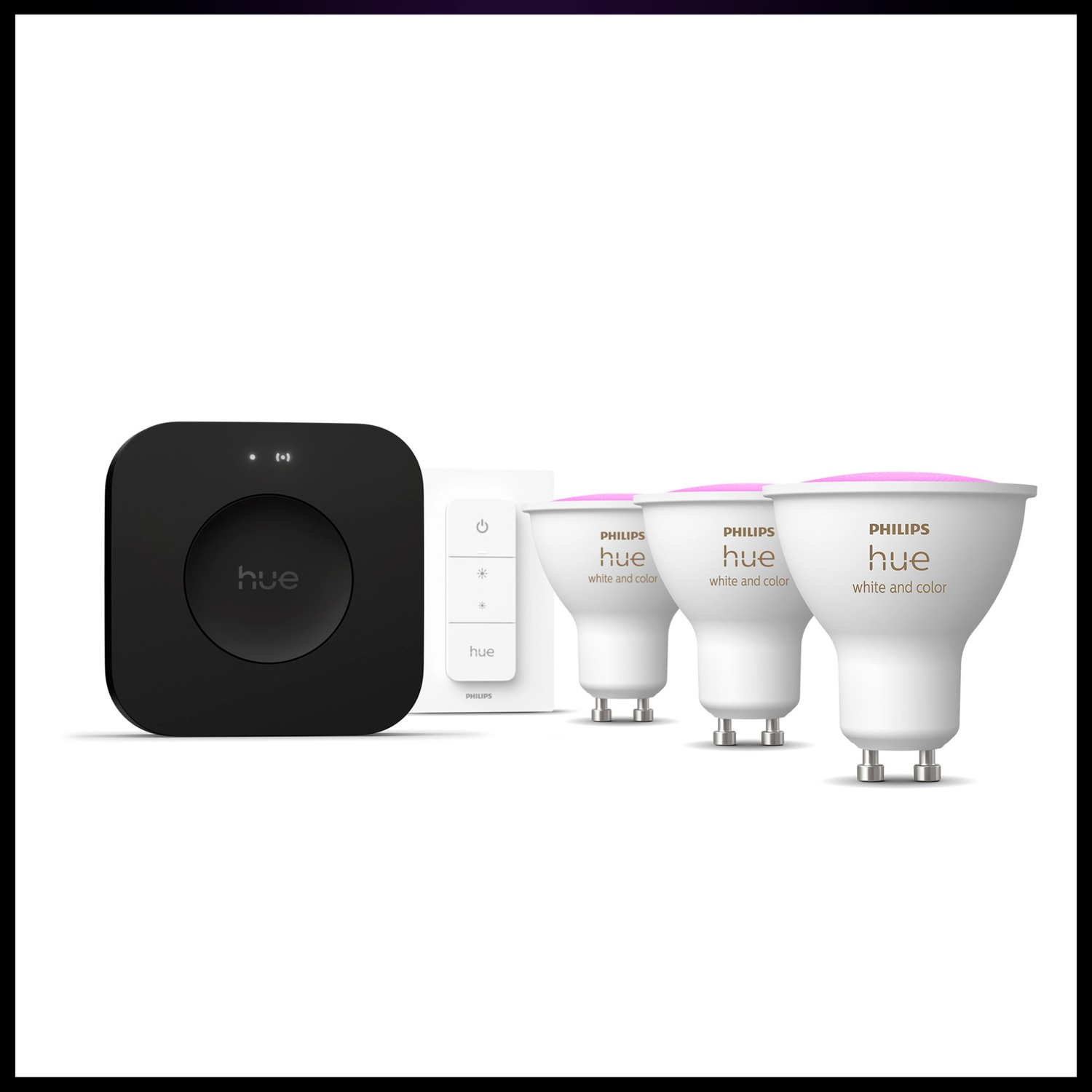 Image shows Philips Hue products: a black hub, a white remote, and three white and color smart light bulbs. The background is white.