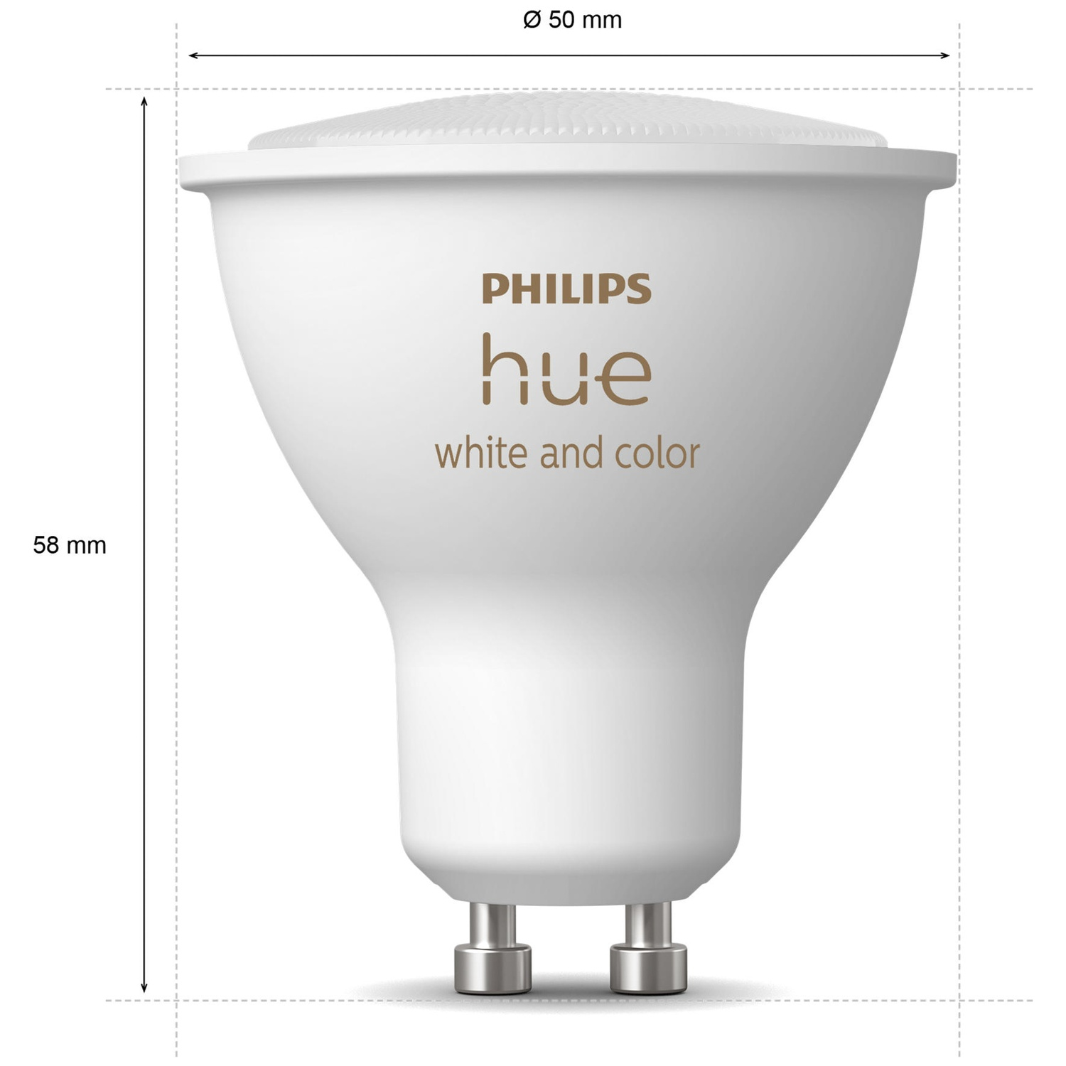 A white Philips Hue smart light bulb. It has a round top and a cylindrical base with two metal pins at the bottom.