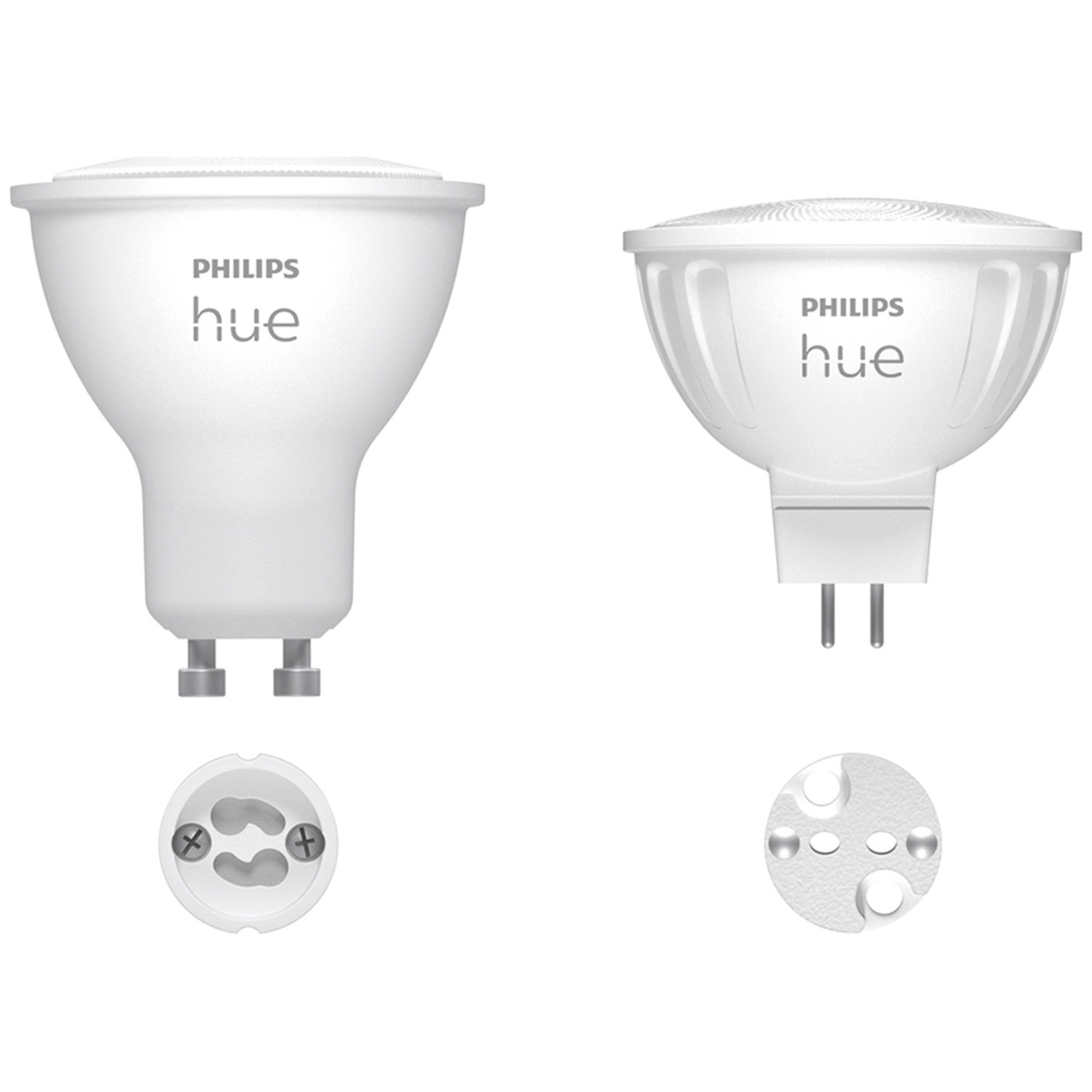 Two white Philips Hue light bulbs. One shows the base, the other is face-on. Both are on a white background.