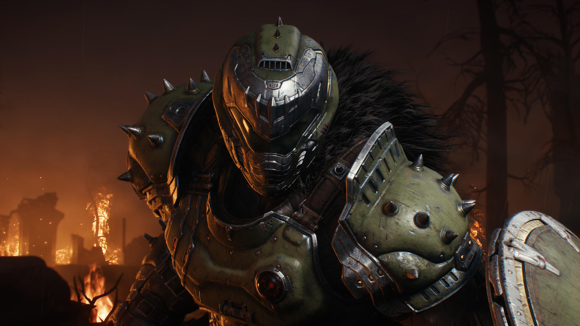 Eine stark gepanzerte Figur, möglicherweise ein Space Marine, steht mit Helm und Schulterpolstern da. Der Hintergrund ist eine feurige Landschaft.