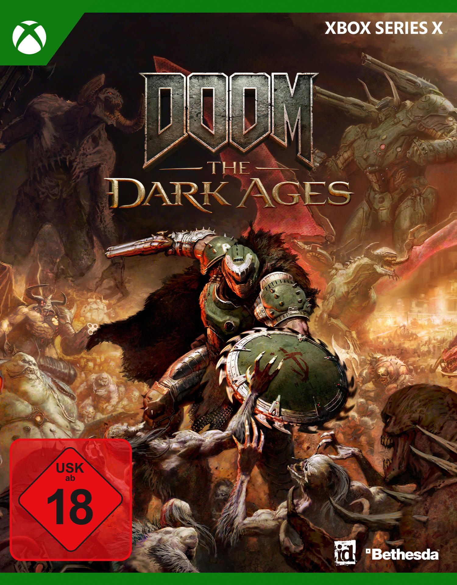 Ein Spielcover. Ein Krieger mit Schild kämpft gegen Dämonen. Der Titel lautet 'DOOM: The Dark Ages'. Xbox Series X-Logo vorhanden.