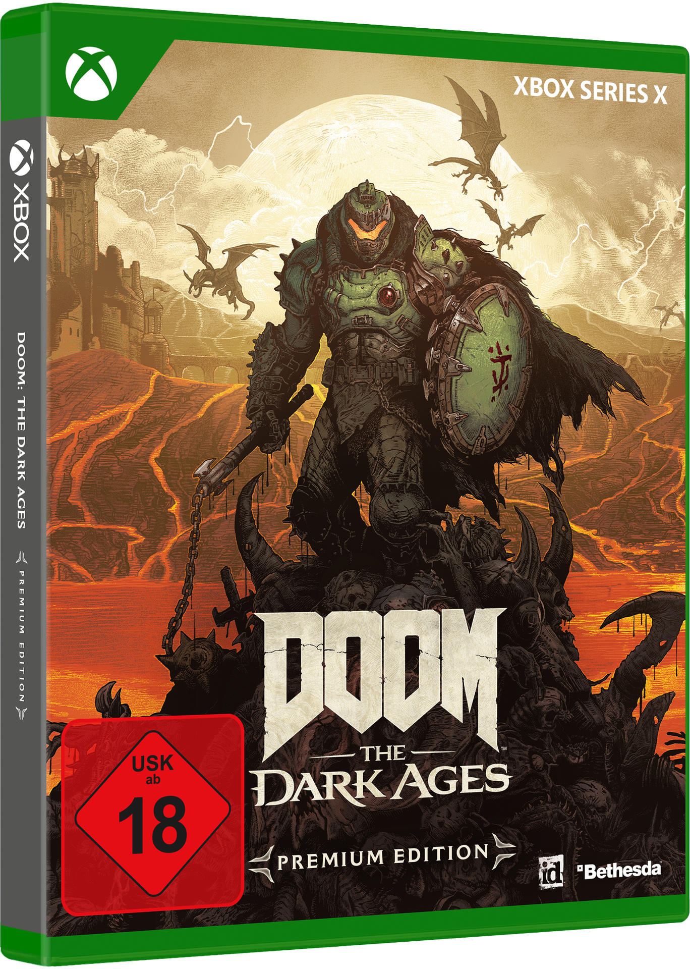 Doom: The Dark Ages-Spielcover. Ein Krieger steht auf Dämonen. Drachen fliegen am Himmel. Das Cover ist für Xbox Series X.