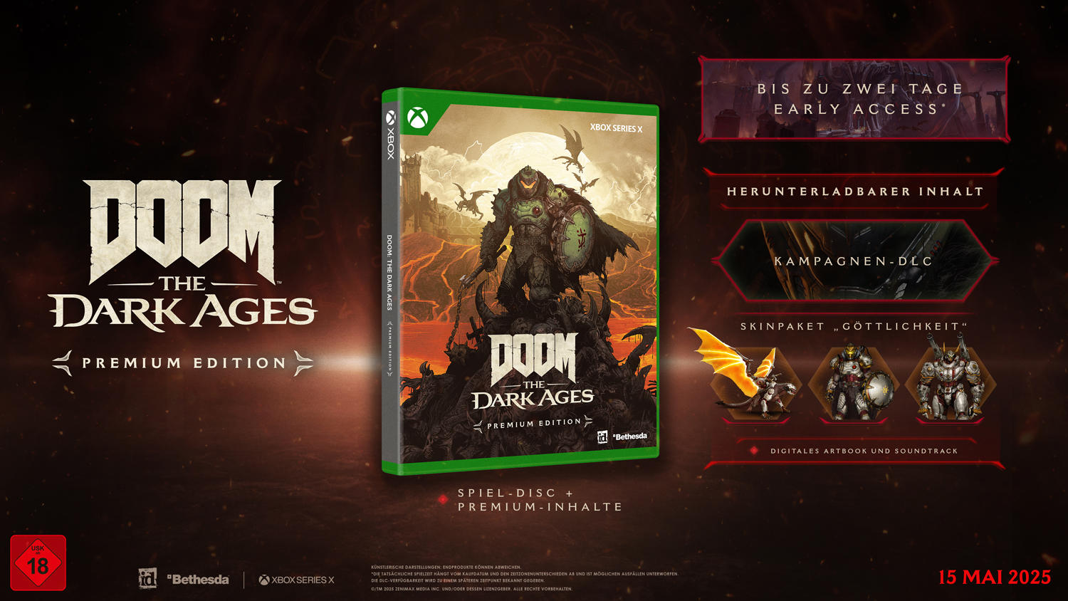 Spielcover für Doom: The Dark Ages. Enthält den Spieletitel, Charakterkunst und Details zu zusätzlichen Inhalten. Xbox Series X Logo.