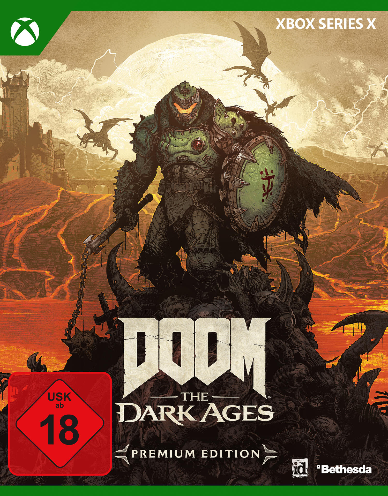 Doom: The Dark Ages-Spielcover. Ein Krieger steht auf einem Haufen Schädel, hält Hammer und Schild. Drachen fliegen im Hintergrund.