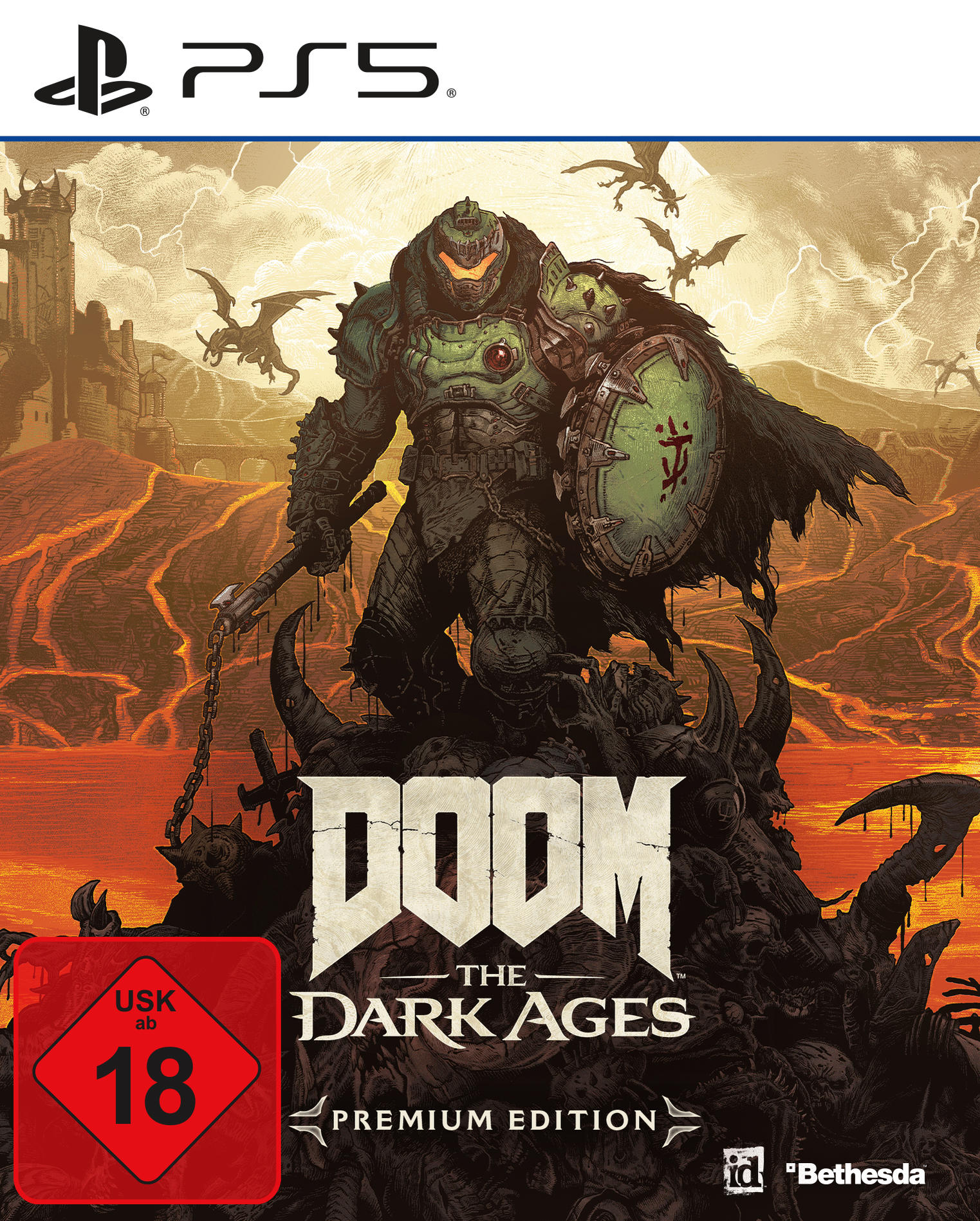Cover für Doom: The Dark Ages. Ein Ritter steht auf einem Monster mit Waffe und Schild. Drachen fliegen im Hintergrund.