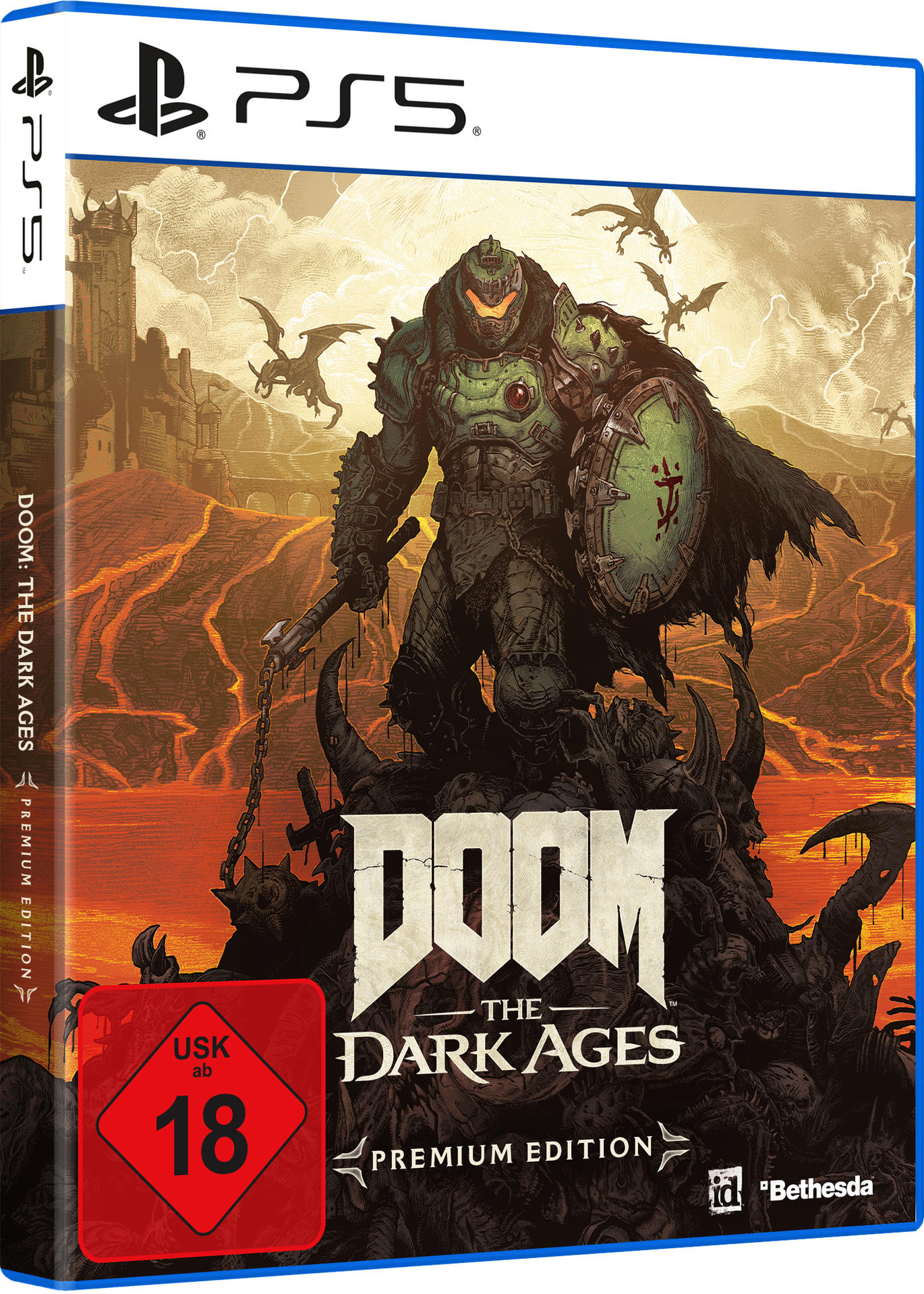 Cover-Art für Doom: The Dark Ages. Ein Krieger steht auf einem Haufen Schädel, hält eine Waffe und einen Schild. Drachen fliegen im Hintergrund.