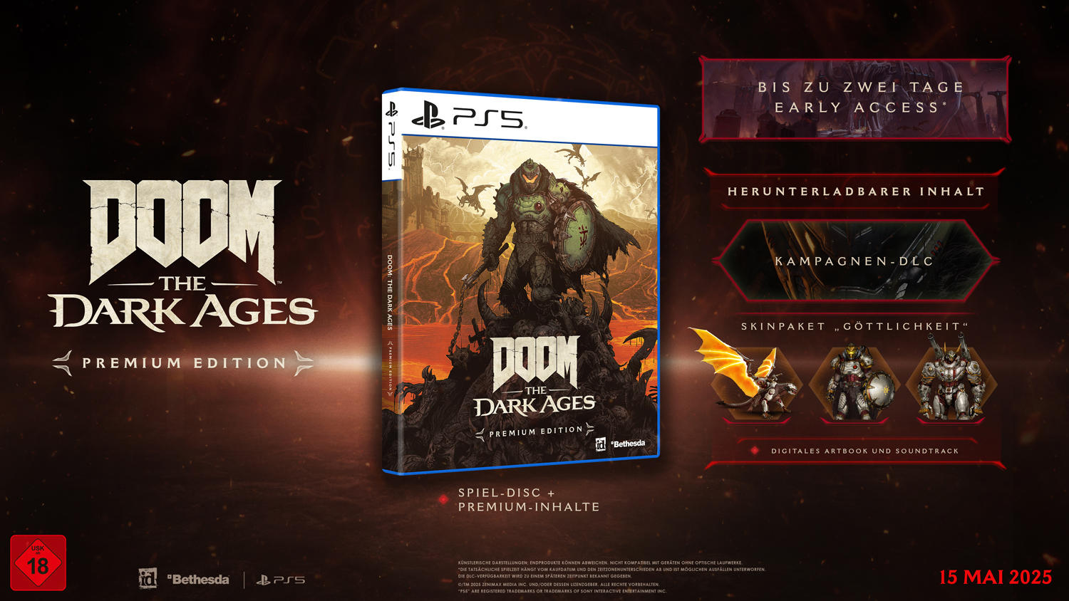 Spielbox-Art für Doom: The Dark Ages. Ein Krieger steht vor dunklem Hintergrund. Früher Zugriff und DLC werden beworben.