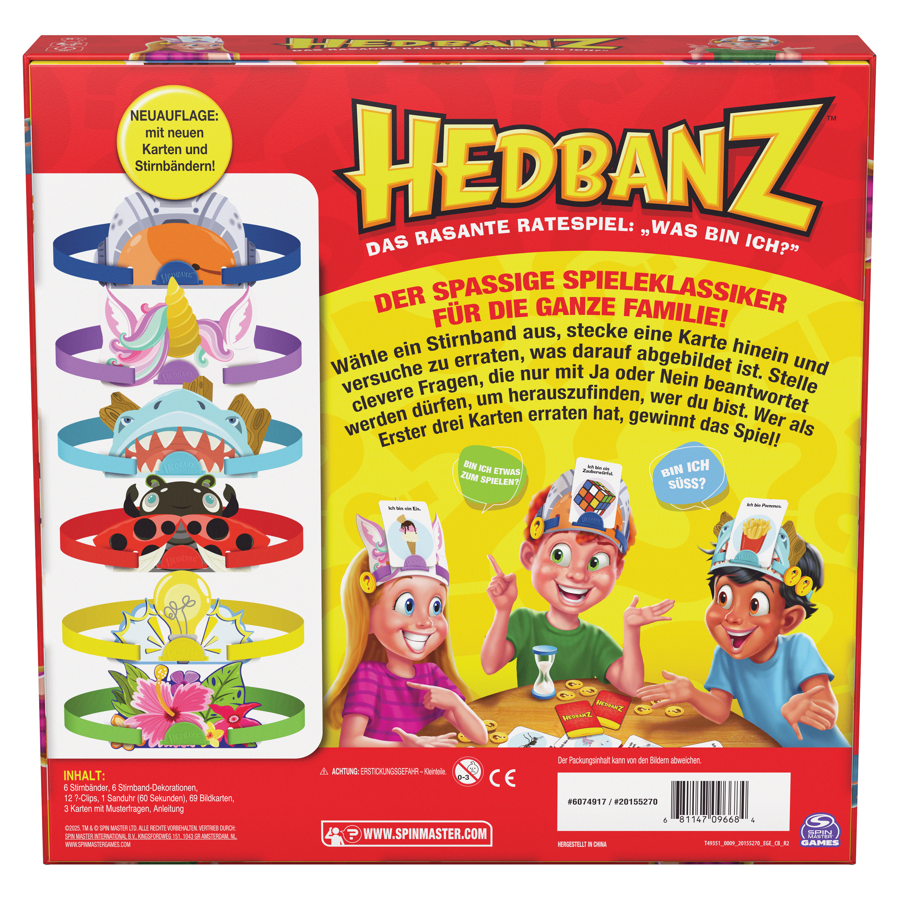 Spielbox mit Hedbanz-Logo, Kinder mit Stirnbändern. Zeigt Spielkomponenten: Karten, Stirnbänder und Anweisungen.