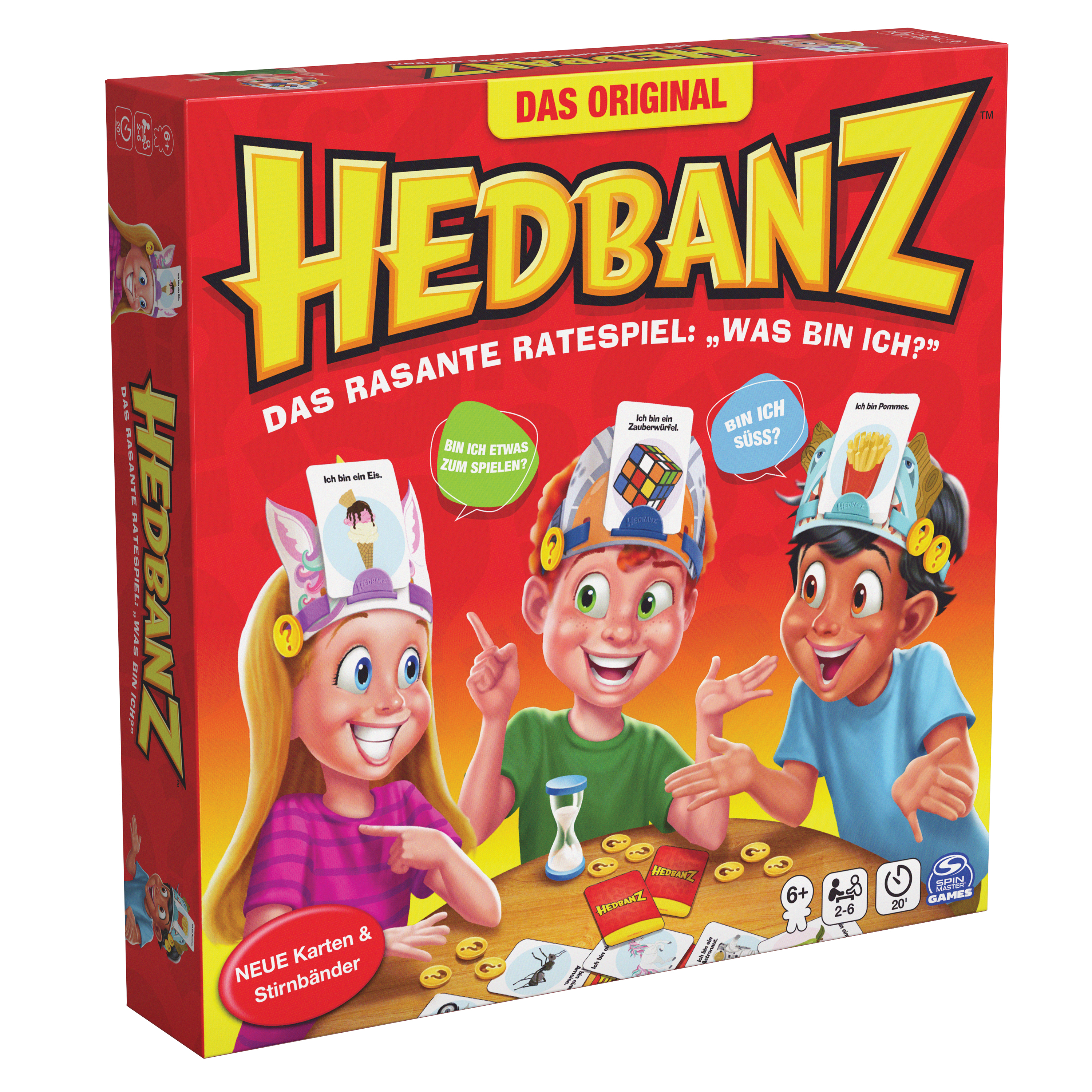 Eine Hedbanz-Brettspielbox mit drei Kindern, die Stirnbänder und Karten tragen. Die Box ist rot mit gelbem Text.