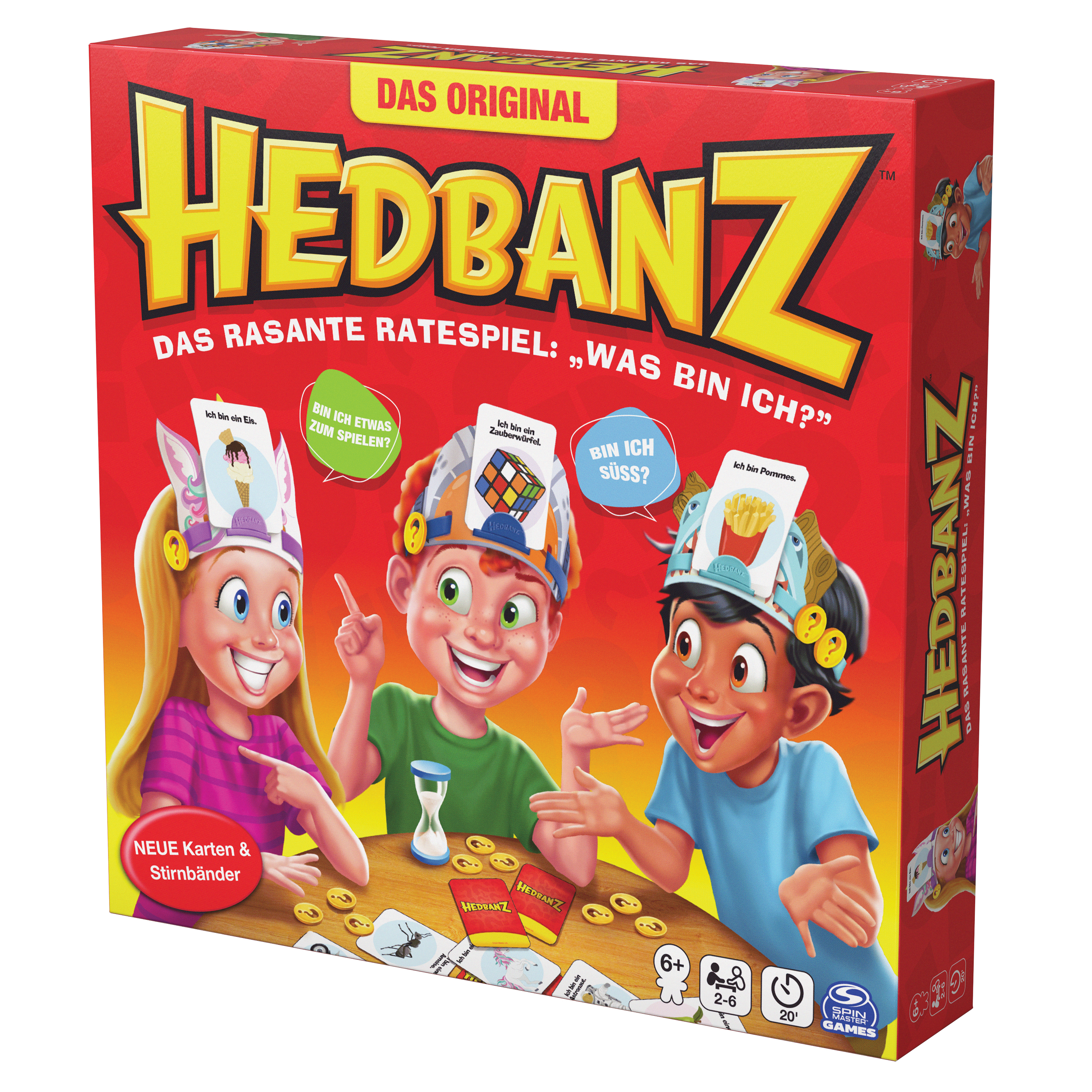 Hedbanz-Spielbox mit 3 Kindern, die Stirnbänder tragen. Die Box ist rot. Kinder lächeln, raten und zeigen.