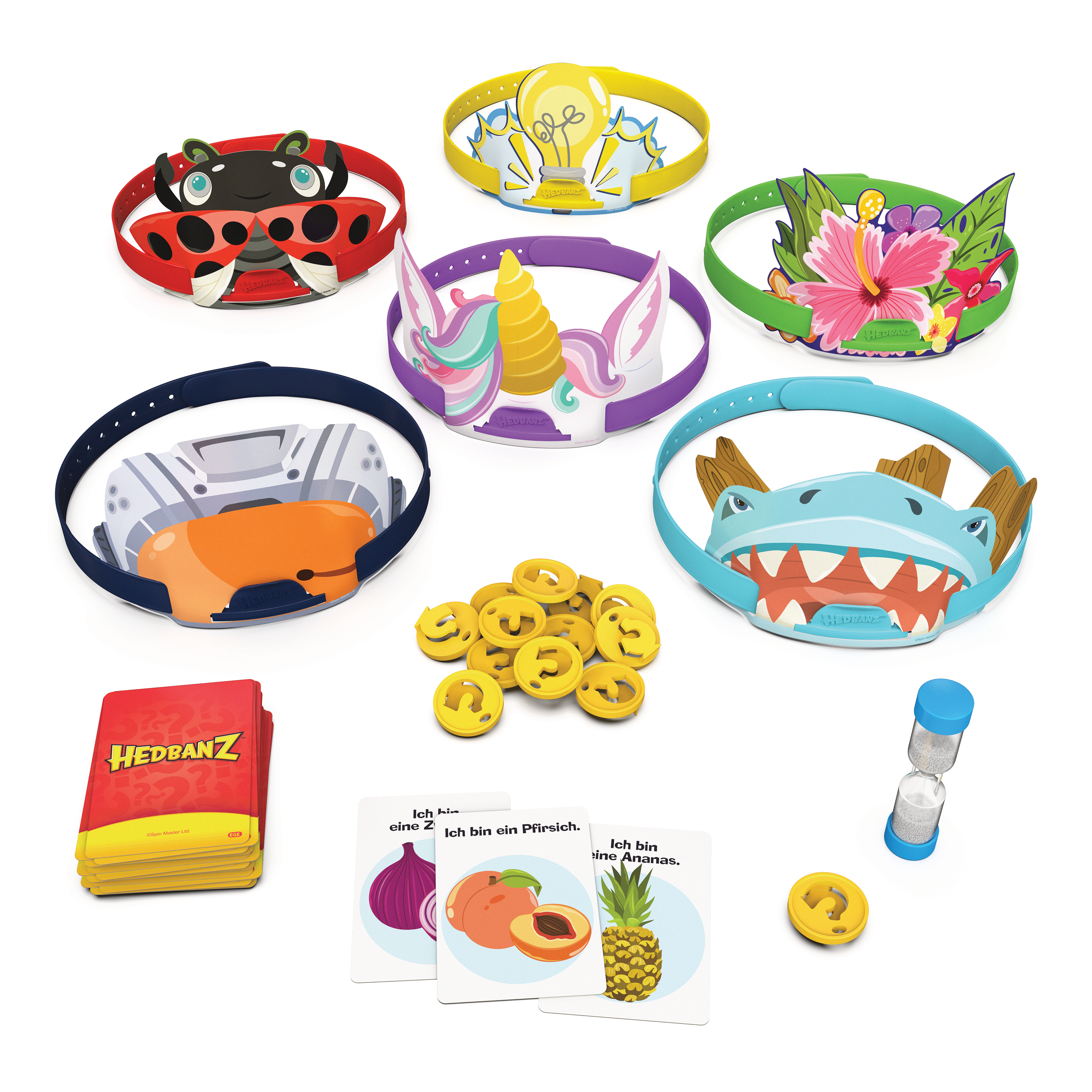 Hedbanz-Spielset mit Stirnbändern, Karten, Chips und Timer. Stirnbänder zeigen Marienkäfer, Glühbirne und andere Designs.