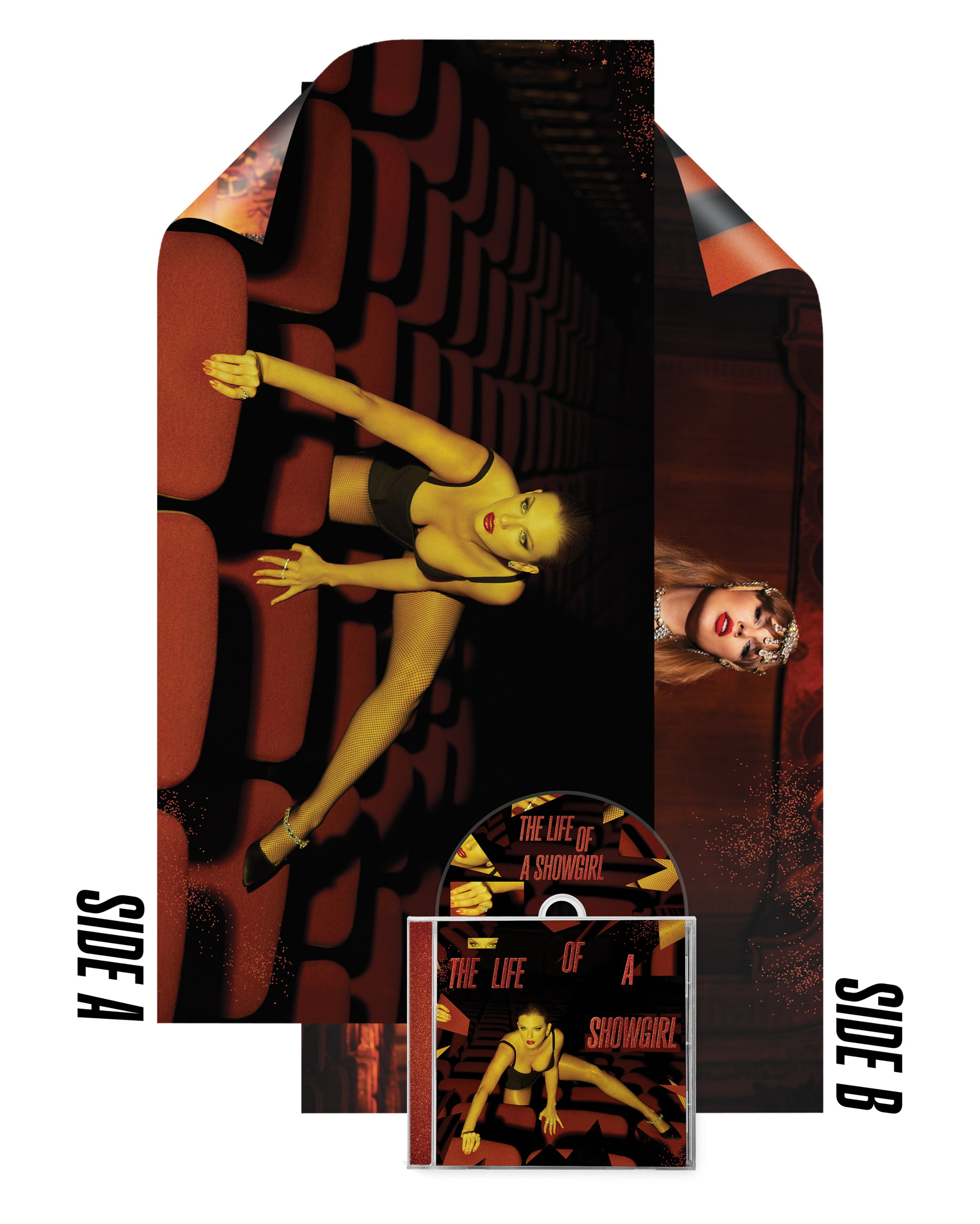 Eine Frau in einem Showgirl-Kostüm ist auf einem CD-Cover abgebildet. Das Bild enthält einen Theaterhintergrund und ist überwiegend rot und schwarz.