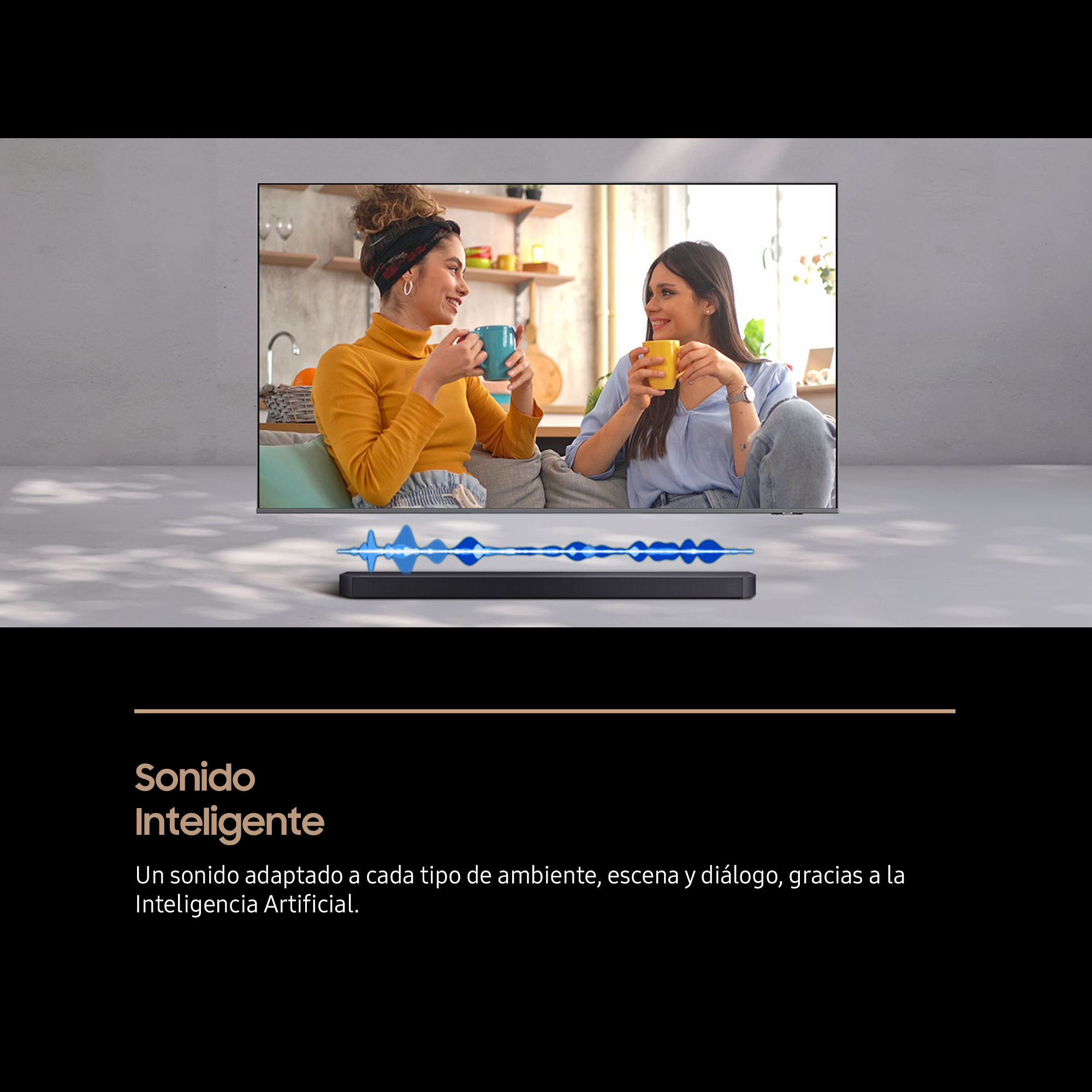 Dos mujeres en TV, sosteniendo tazas. Una barra de sonido debajo, con onda azul. Texto: Sonido Inteligente.