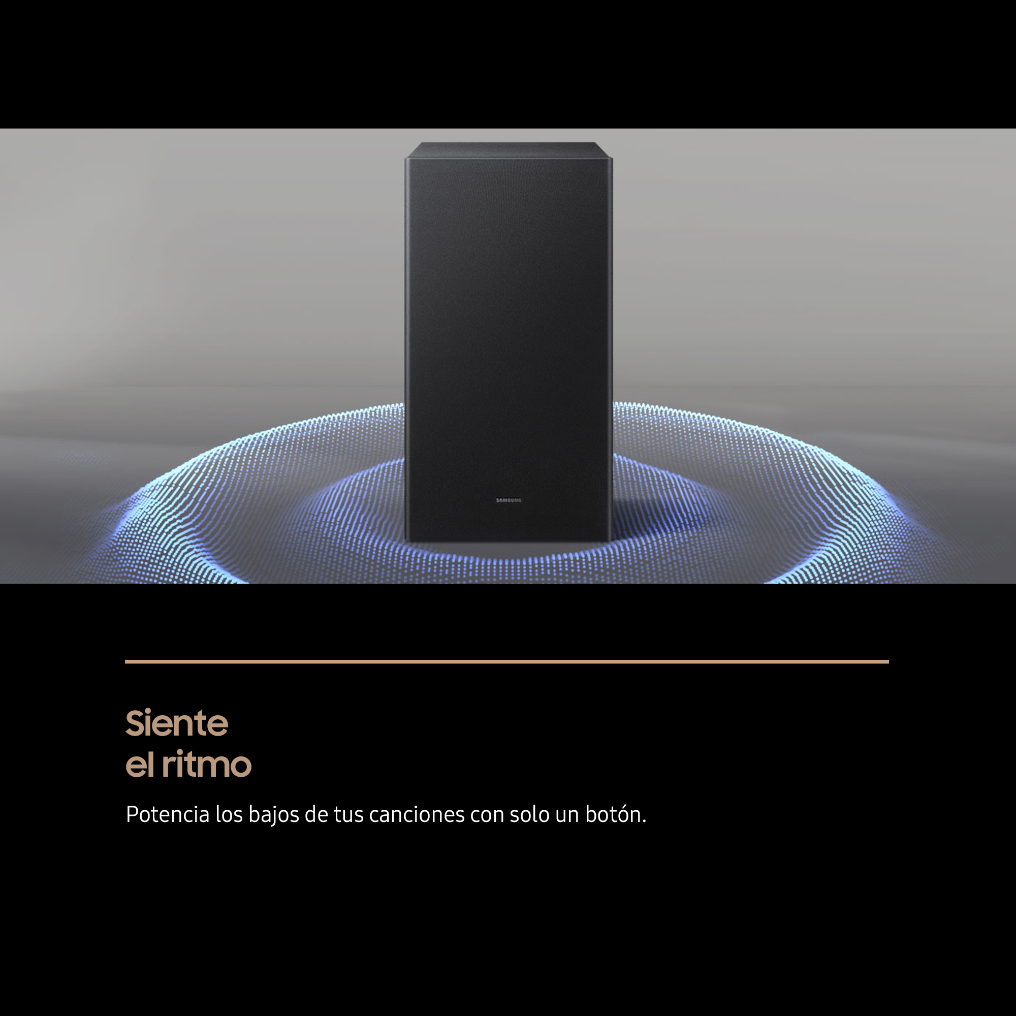 Una barra de sonido negra sobre un fondo ondulado azul y gris. El texto inferior dice: Siente el ritmo.