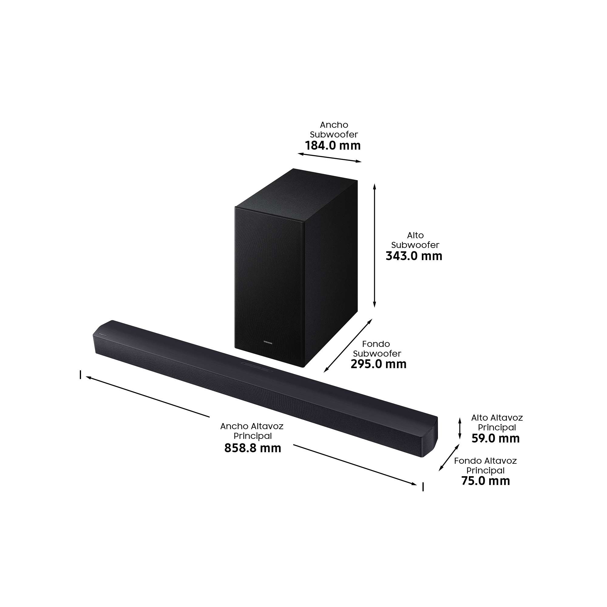 Un conjunto de barra de sonido y subwoofer negro con dimensiones etiquetadas. La barra de sonido es larga, el subwoofer es cuadrado.