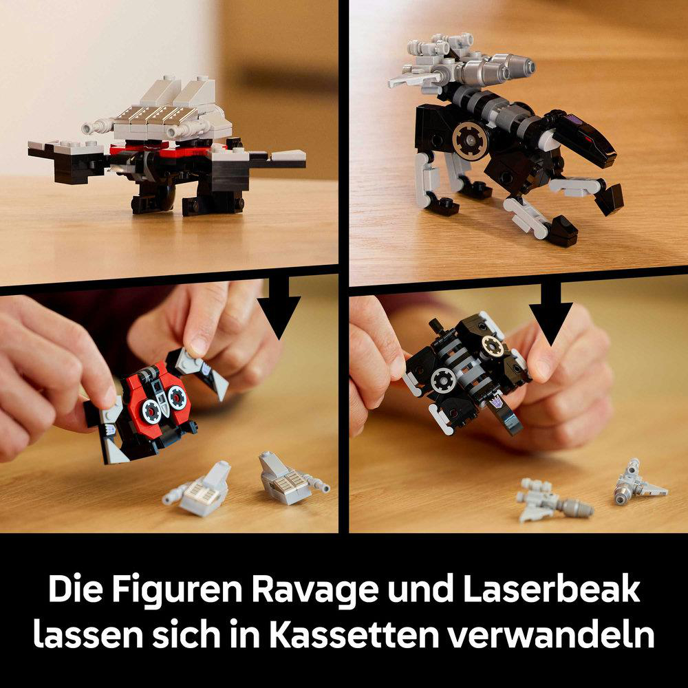 Das Bild zeigt zerlegte LEGO-Figuren, die sich in Kassetten verwandeln lassen, mit Händen, die die Teile halten.