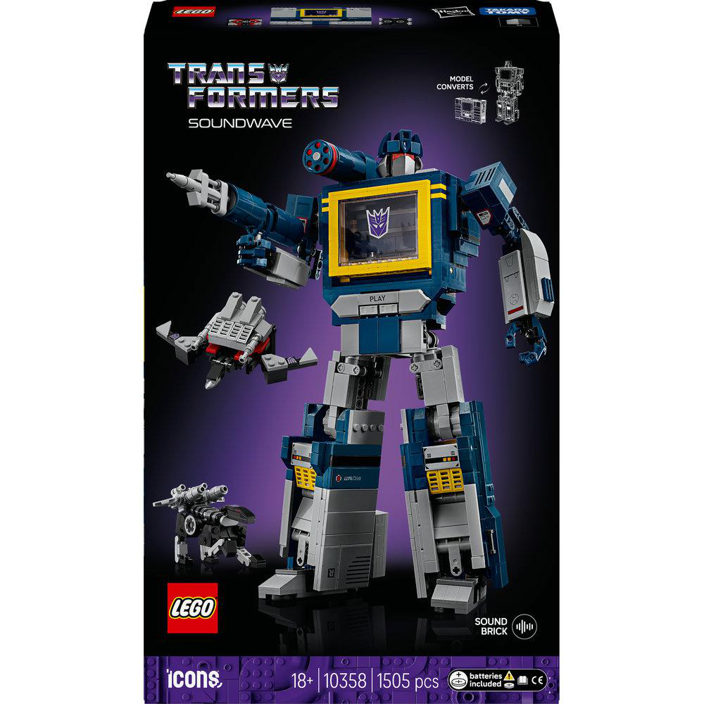 LEGO Transformers Soundwave Modellbox. Ein großer Roboter aus blauen, grauen und gelben Blöcken steht im Zentrum. Zwei kleinere Fahrzeuge sind vorhanden.