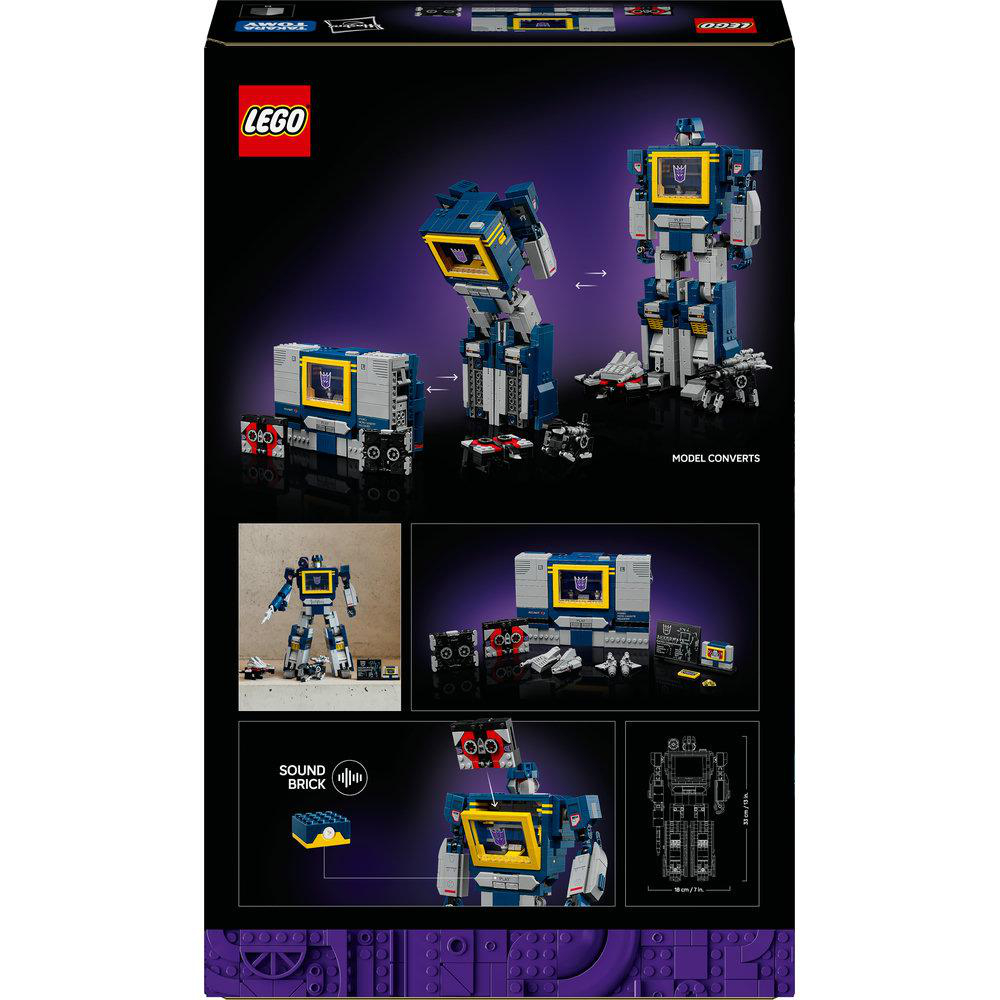 LEGO Soundwave-Box. Mehrere Bilder zeigen das Modell in Kassetten- und Roboterform. Textlabels umfassen 'MODEL CONVERTS' und 'SOUND BRICK'.