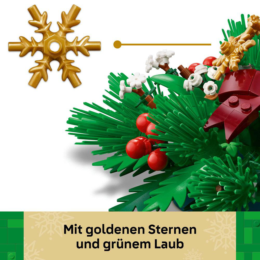 Ein goldener Stern und grünes Laub mit roten Beeren und weißen Blumen bilden eine festliche Dekoration. Ein Banner unten.