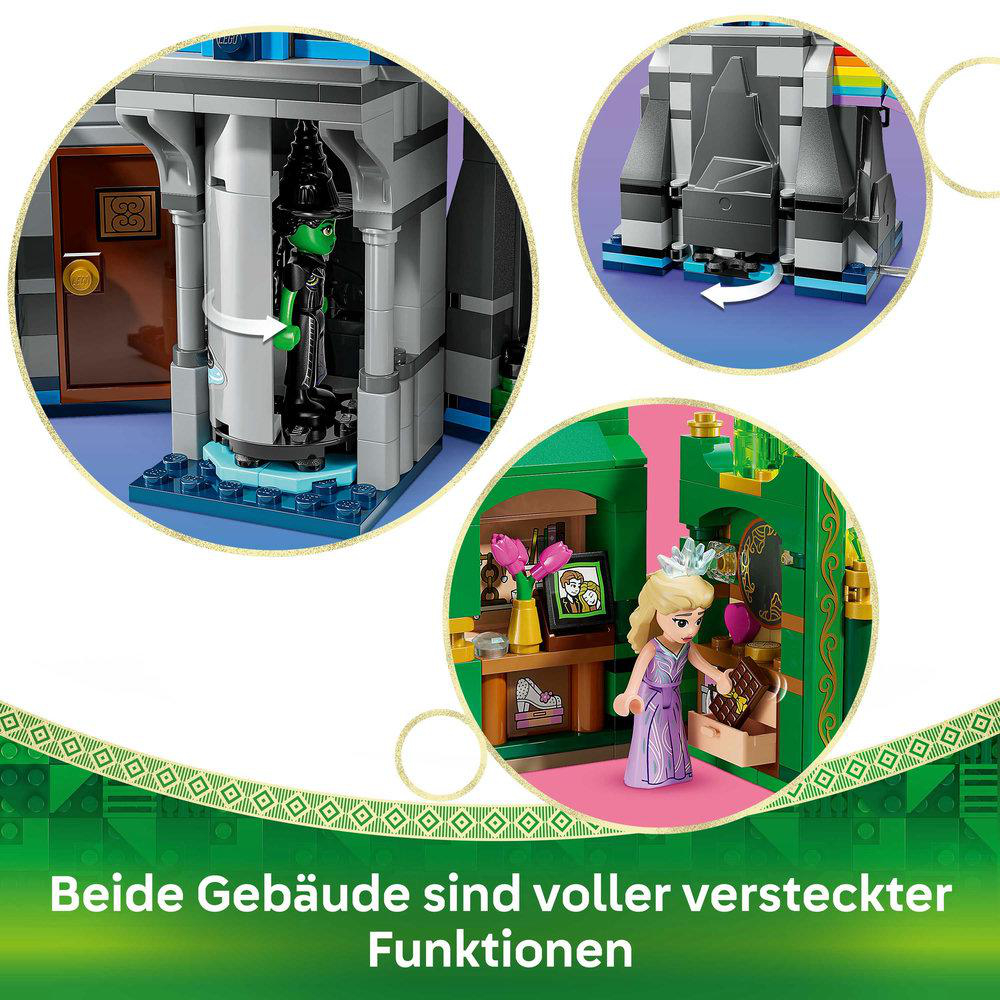 Lego-Set mit drei Szenen: eine Hexe in einem Gebäude, eine burgähnliche Struktur und eine Prinzessin in einem Raum. Der Hintergrund ist grün.