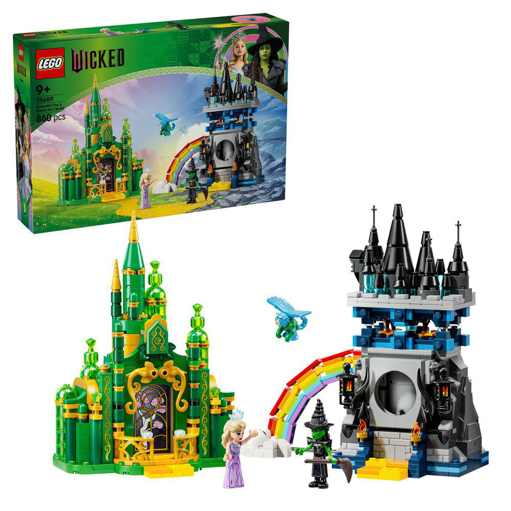 Lego Wicked Set. Enthält ein grünes Schloss, einen schwarzen Turm, Figuren einer Hexe, einer Prinzessin und einen Regenbogen. Die Schachtel ist im Hintergrund.