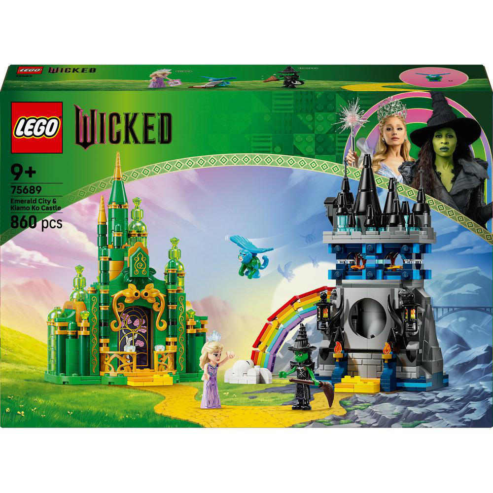 LEGO Wicked-Set-Box. Sie zeigt die Smaragdstadt, Glinda, die böse Hexe und andere Charaktere. Ein Regenbogen und ein Schloss sind ebenfalls zu sehen.
