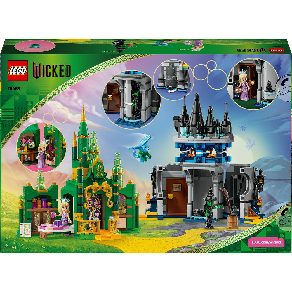 LEGO Wicked Set-Box. Enthält Burg, Figuren und eine grüne Struktur. Enthält LEGO- und Wicked-Logos, alles auf grünem Hintergrund.