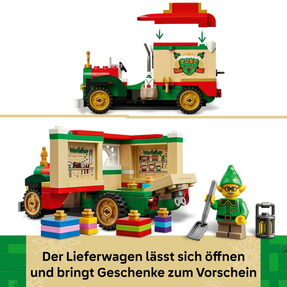 Ein Spielzeug-LKW mit einem Nordpol-Schild. Ein Elf und Geschenke sind davor. Der LKW öffnet sich und zeigt eine Werkstatt.