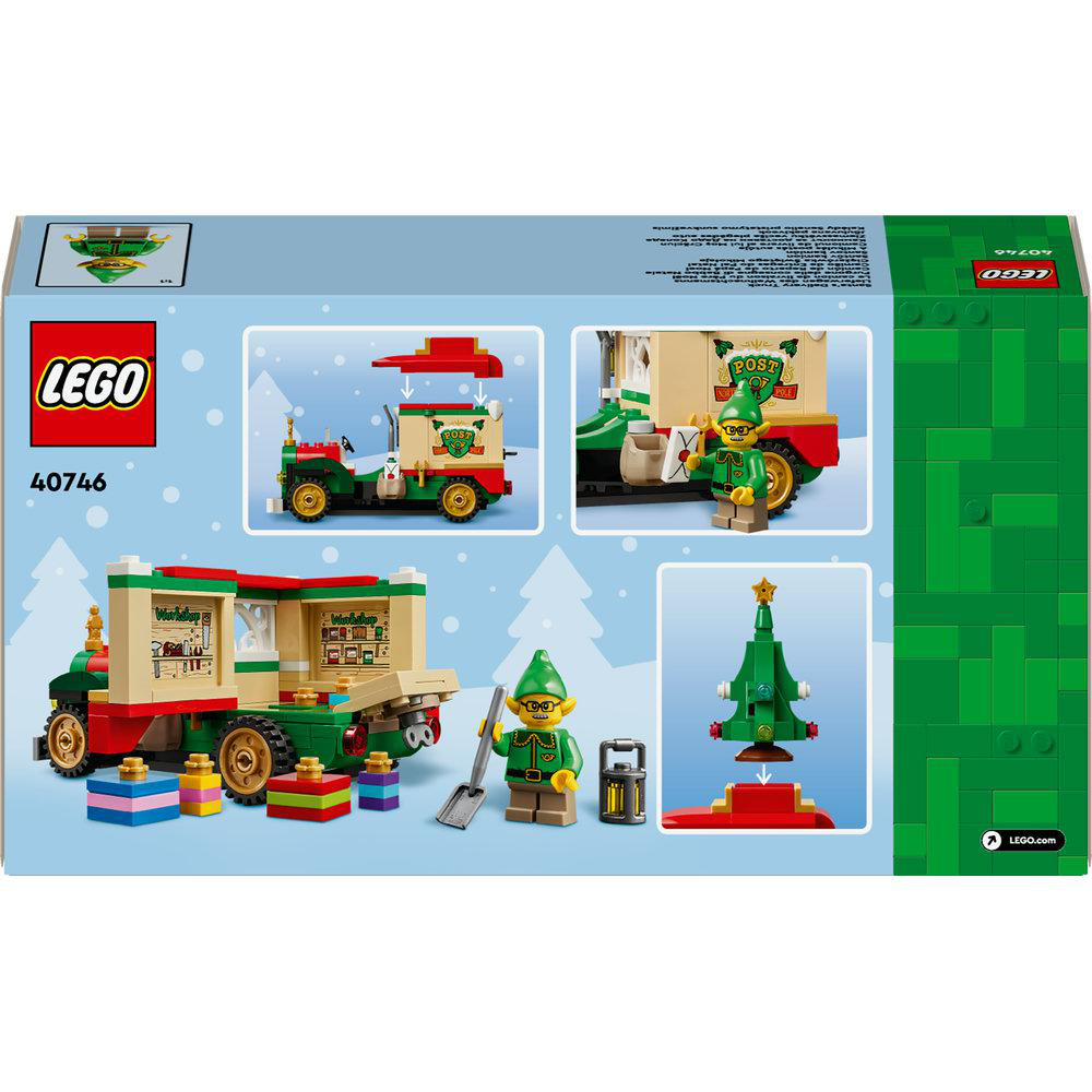 Lego-Set-Box. Das Bild zeigt ein Lego-Set mit Weihnachtsthema. Enthält einen Lkw, einen Elfen und einen Weihnachtsbaum.