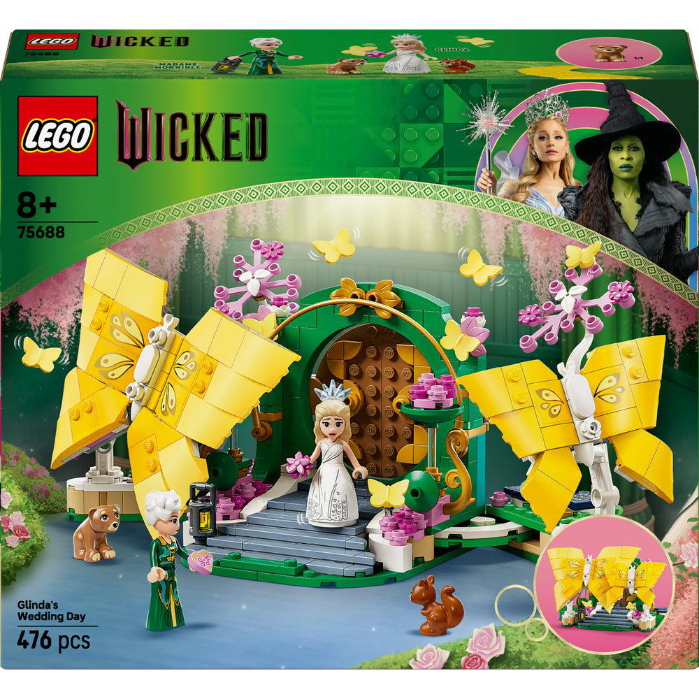 LEGO Wicked-Set-Box. Enthält Glinda, Elphaba und andere Charaktere mit einer Schmetterlings- und Gartenszene. Enthält 476 Teile.