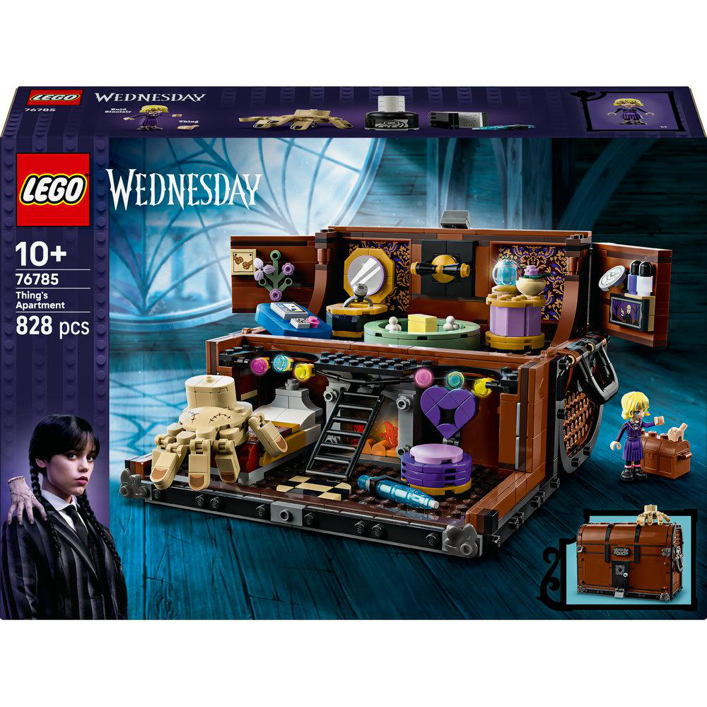 Lego-Set von Wednesdays Apartment mit Charakterfiguren, Things Hand und verschiedenen Innendetails. Die Box zeigt ein junges Mädchen.