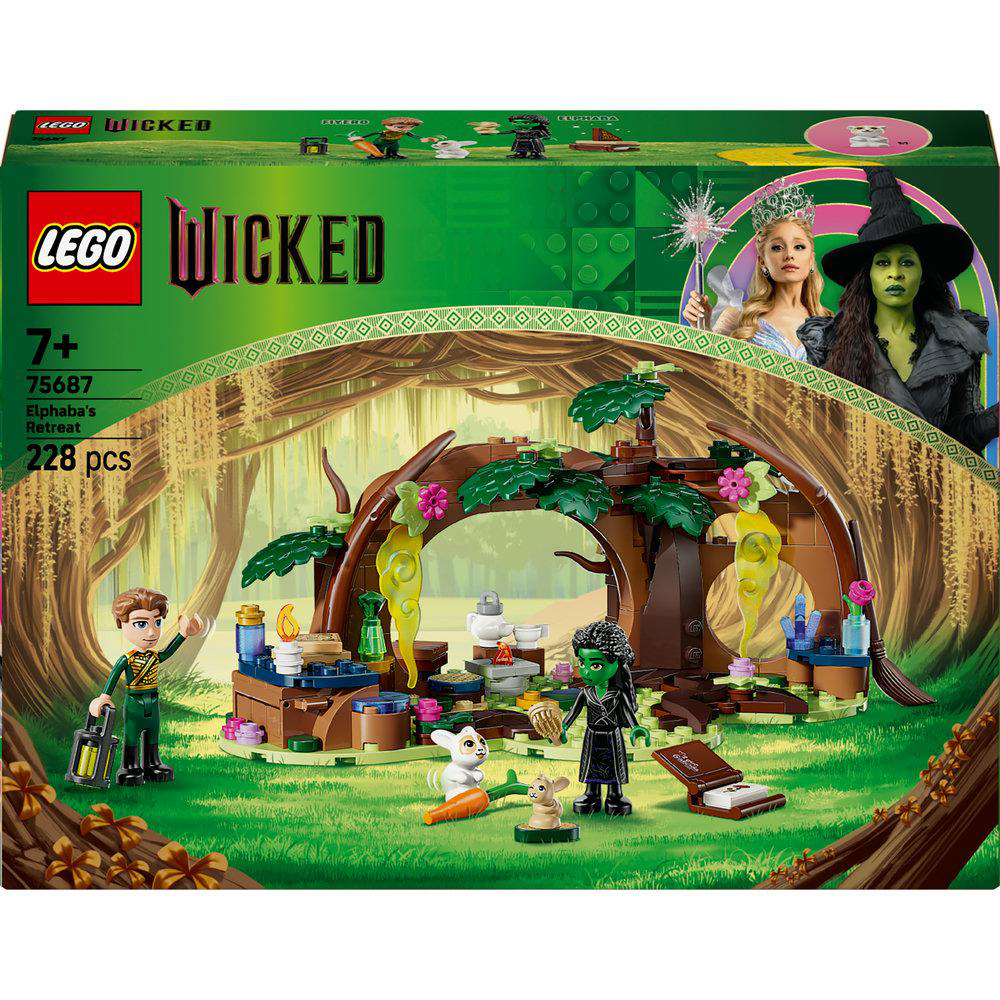 Lego Wicked Set-Box-Art. Enthält Lego-Figuren von Charakteren wie Elphaba und Glinda. Die Szene spielt in einem Wald mit einer braunen Struktur.