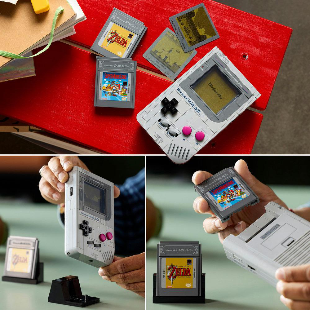 Eine Sammlung von Game Boy-Konsolen und -Cartridges wird auf einer roten Oberfläche präsentiert. Einige werden in Händen gehalten. Spiele sind Zelda und Super Mario Land.