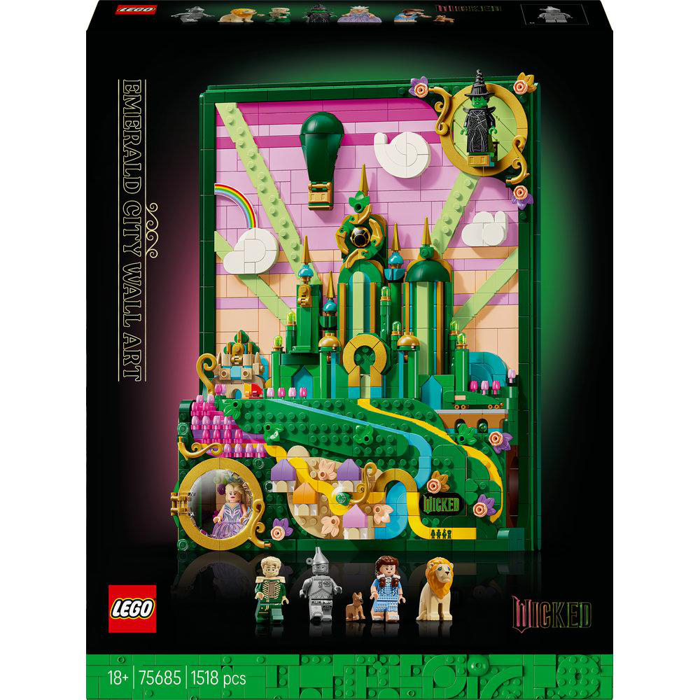 Lego Emerald City Wandkunstbox. Zeigt die Smaragdstadt, Charaktere und Wicked-Branding. Enthält Figuren von Dorothy, dem Blechmann und dem Löwen.