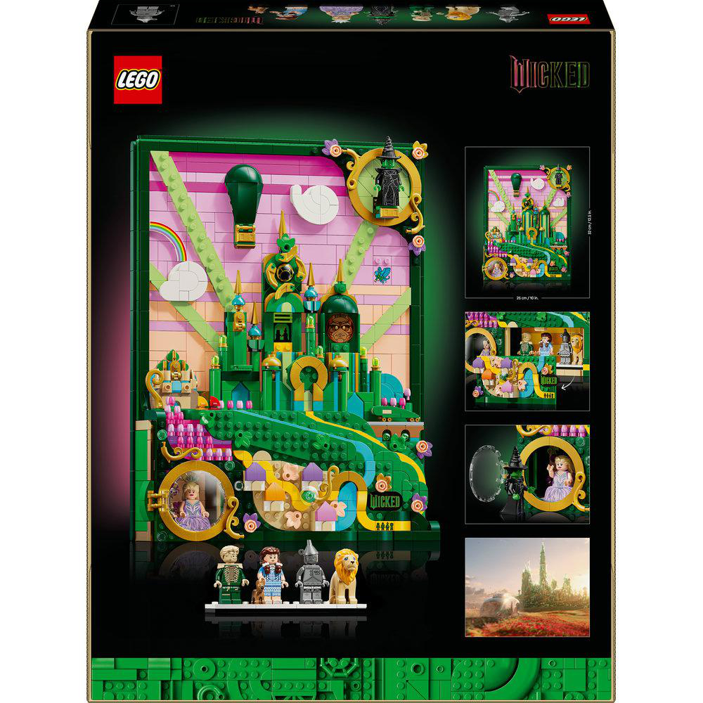 Lego Wicked Set-Box. Zeigt einen grünen Emerald City-Aufbau mit Charakteren und Szenen aus dem Film. Das Lego-Logo ist sichtbar.