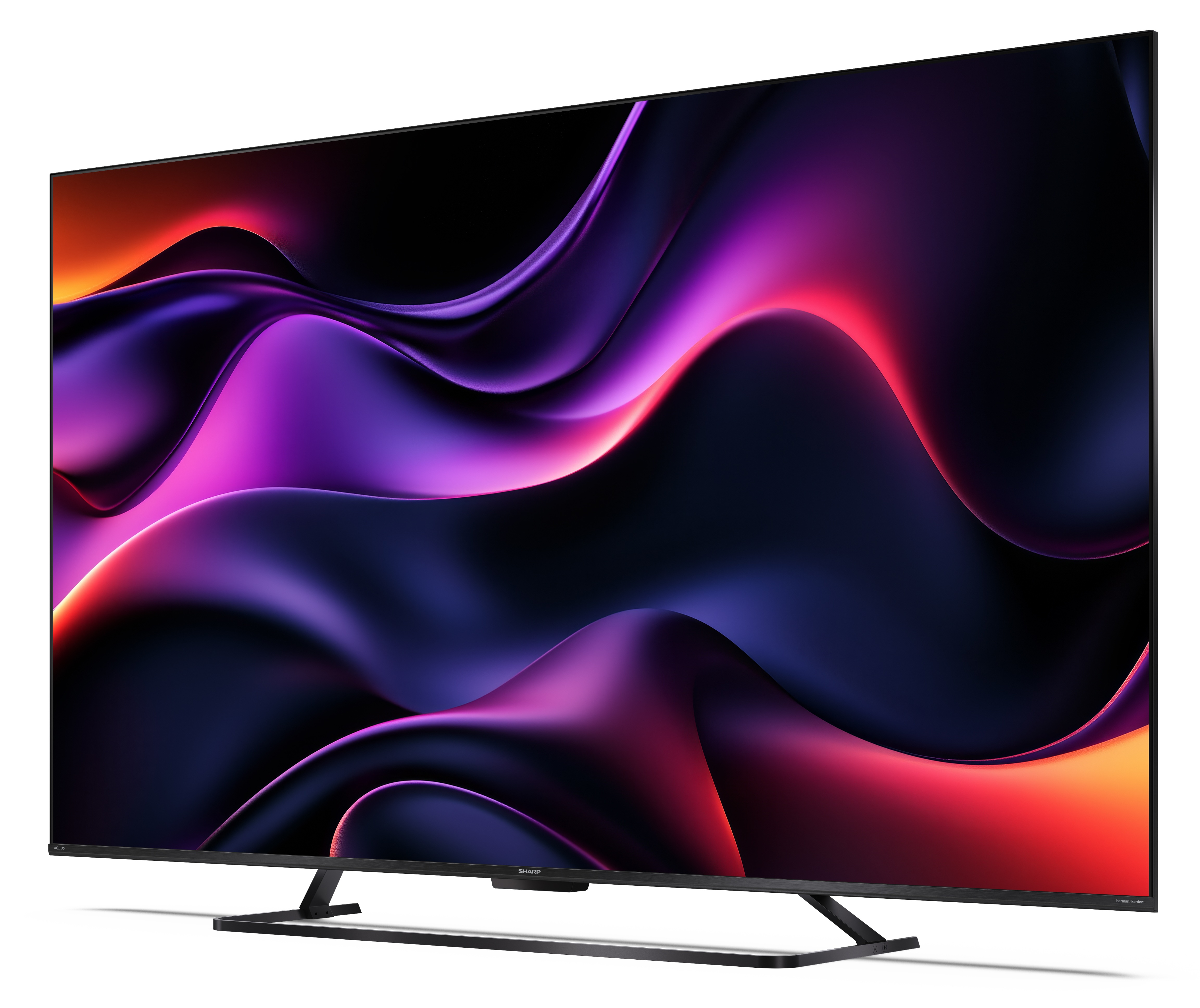 Duży telewizor z dynamicznym wyświetlaczem wirujących fioletowych, czerwonych i czarnych kolorów na białym tle.