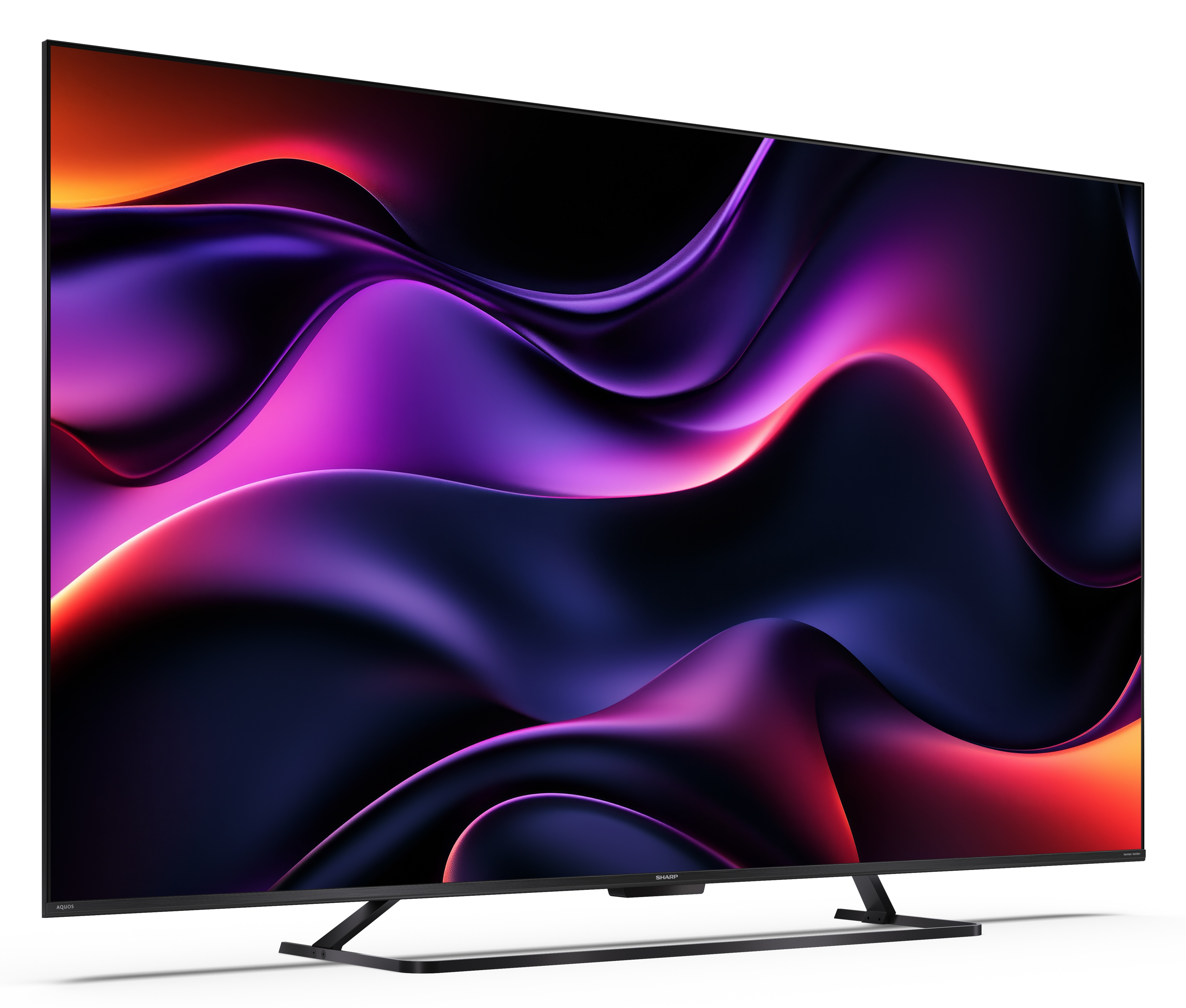 Telewizor Sharp wyświetla kolorowy, abstrakcyjny obraz. Ekran pokazuje płynące fioletowe, czerwone i czarne kształty.