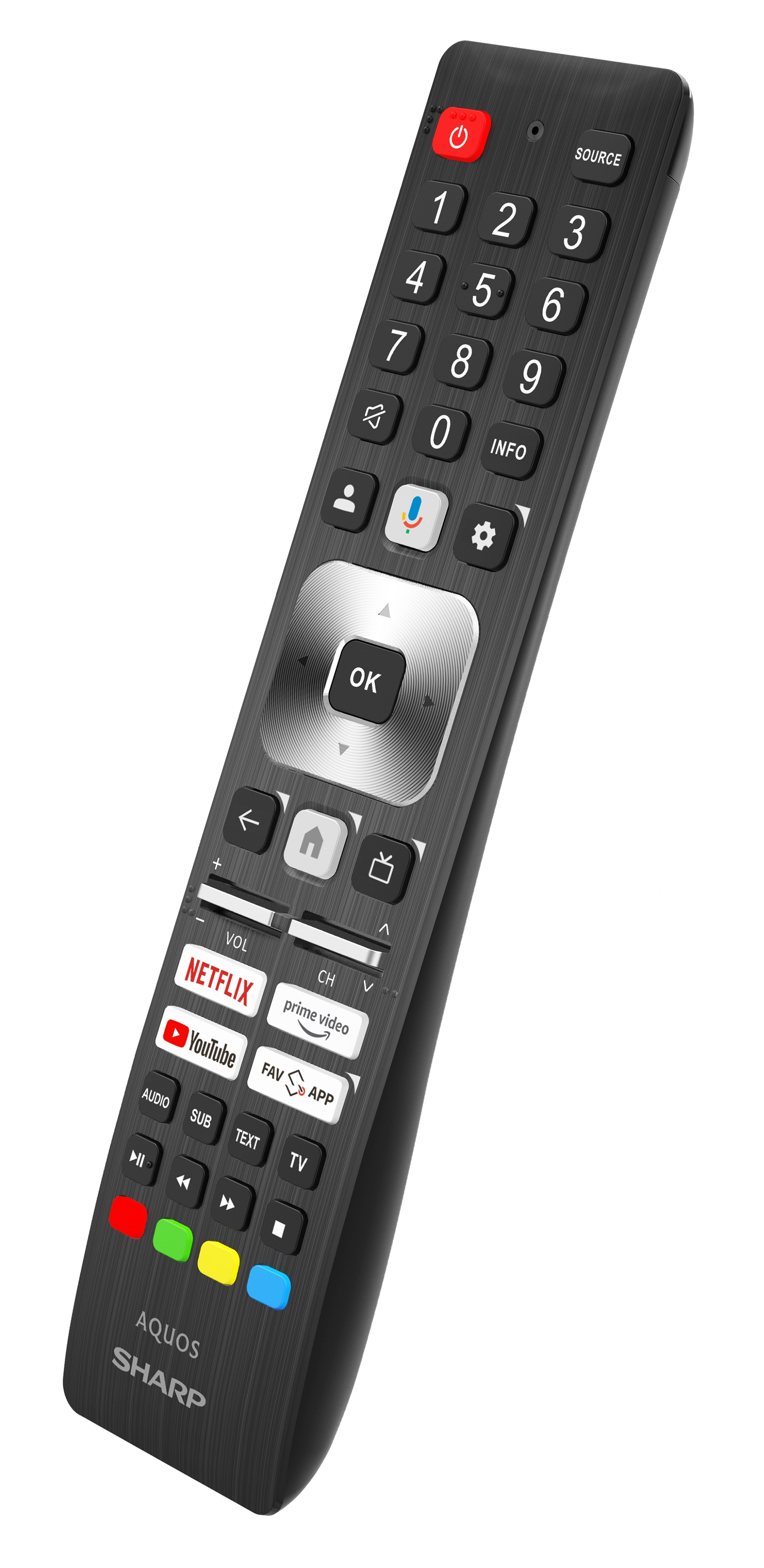 Czarny pilot do telewizora Sharp. Ma wiele przycisków, w tym numery, głośność i skróty do aplikacji, na teksturowanej powierzchni.