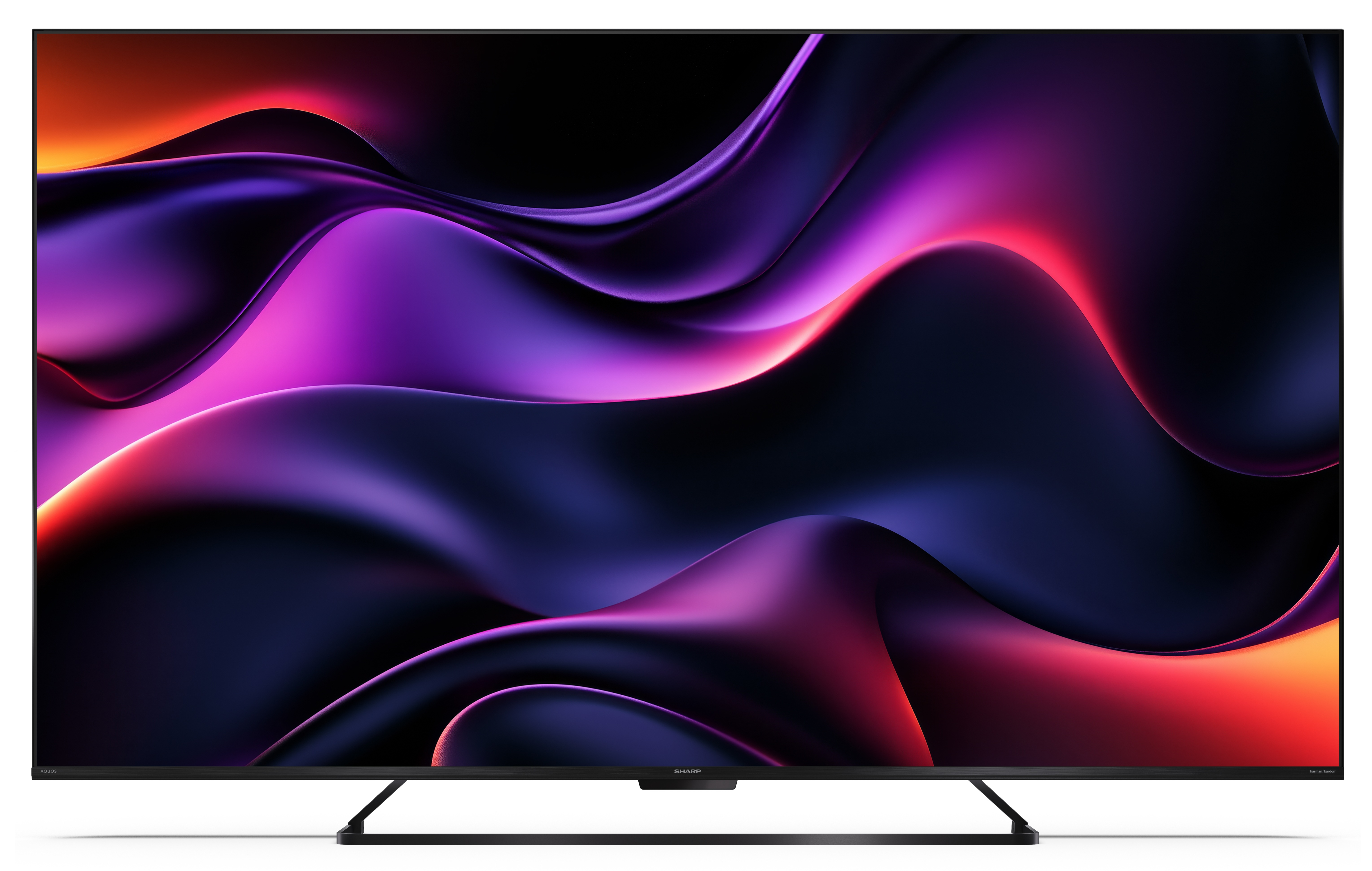 Telewizor Sharp wyświetla kolorowy, abstrakcyjny wzór płynących fioletowych, czerwonych i pomarańczowych kształtów.