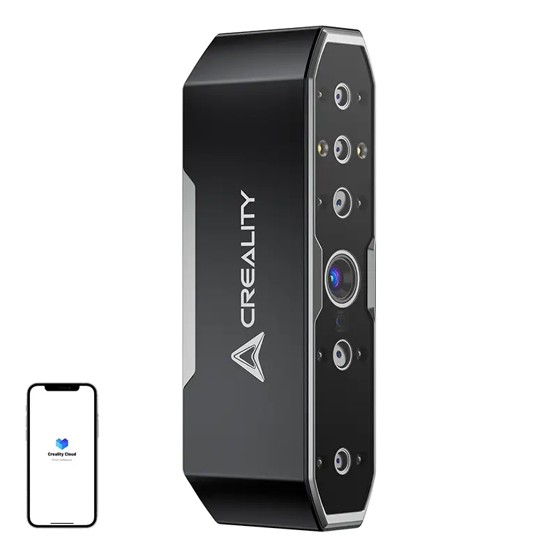 Fekete 3D szkenner 'CREALITY' logóval és okostelefonon a 'Creality Cloud' alkalmazás.